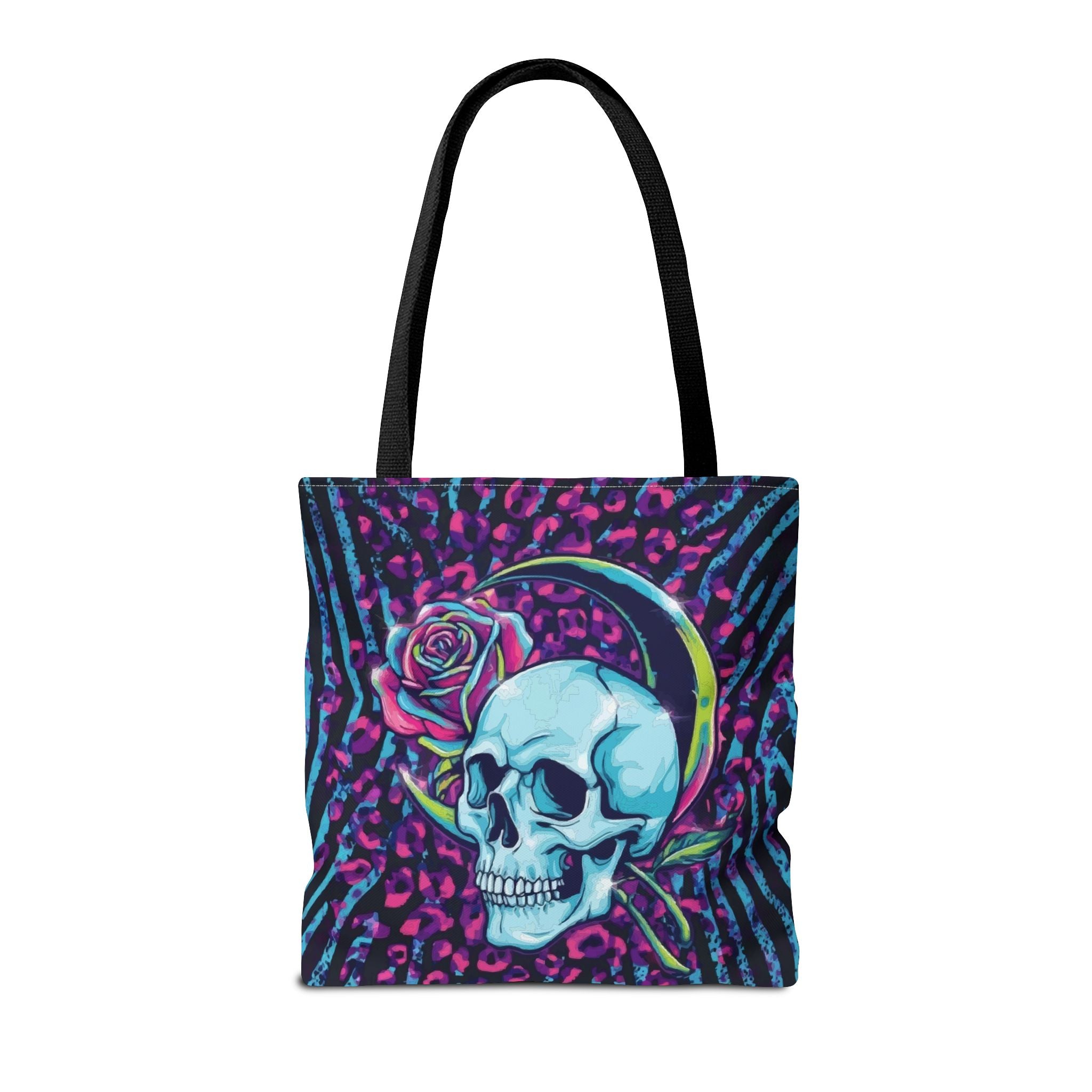 Skull & Rose Tote Bag — Neon Gothic Crescent Moon AOP Tote