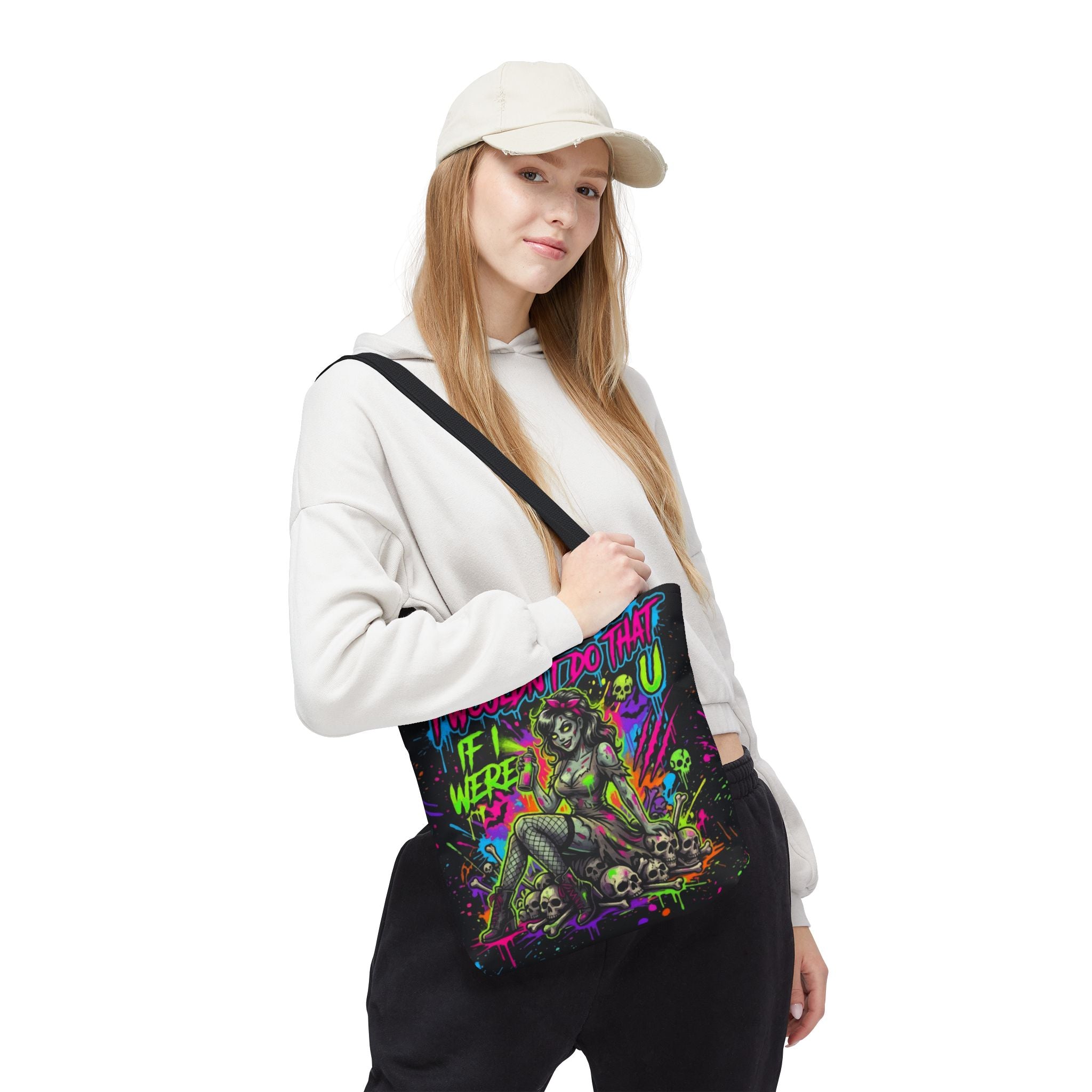 Zombie Pin-Up Tote Bag — "I Wouldn't Do That If I Were U" Neon Horror Graphic