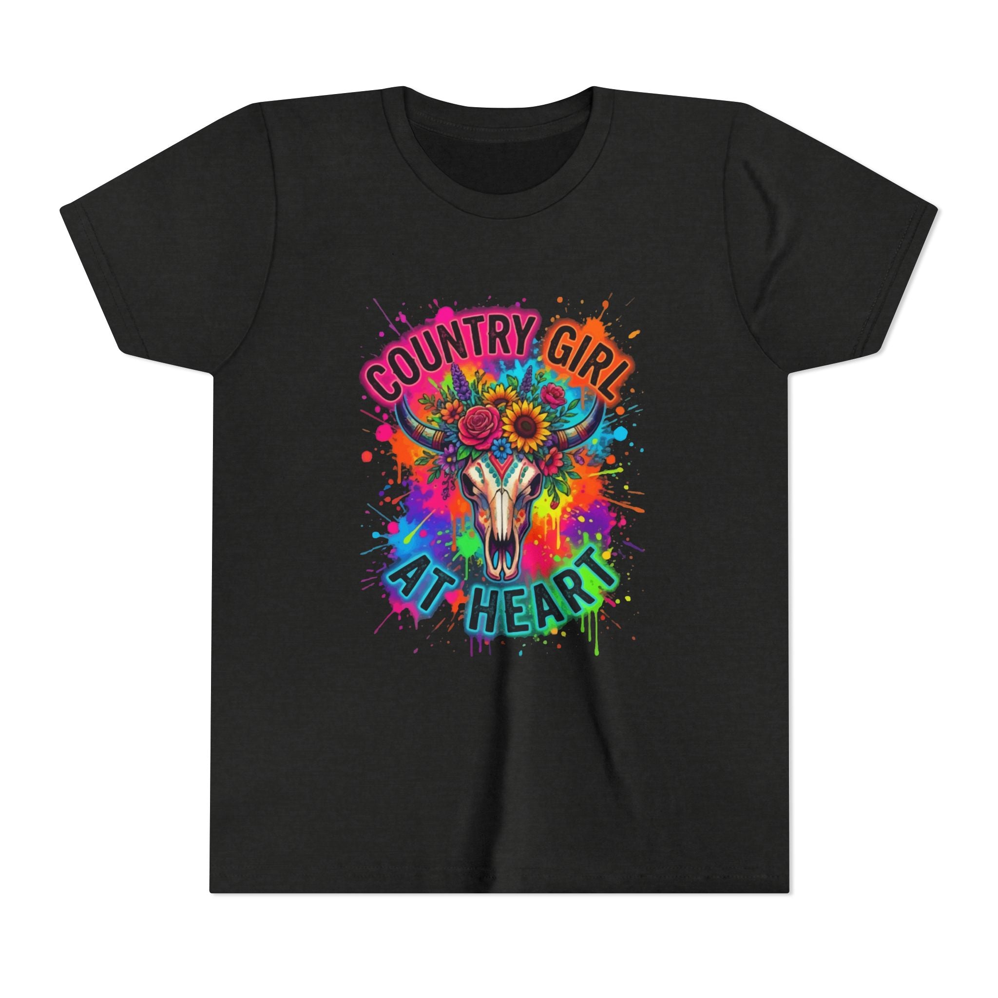 Youth Tee — "Country Girl at Heart" Colorful Cow Skull Graphic