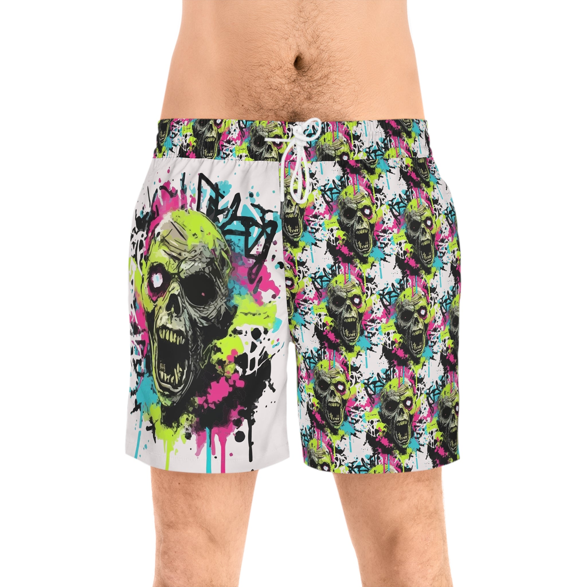 Neon Graffiti Zombie Swim Shorts — Men's Mid-Length Skull Beach Trunks
