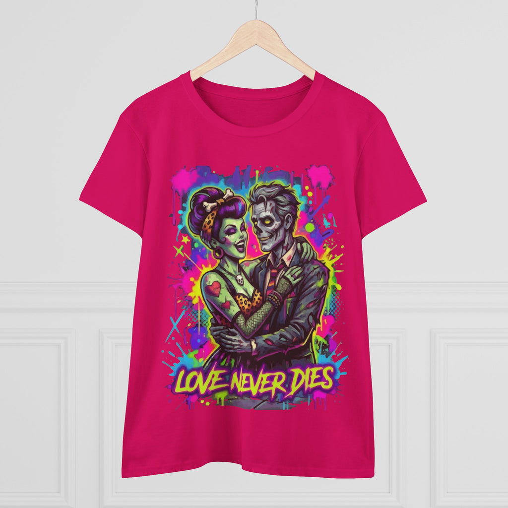 Women's Tee — Neon Zombie Couple "Love Never Dies" Graphic
