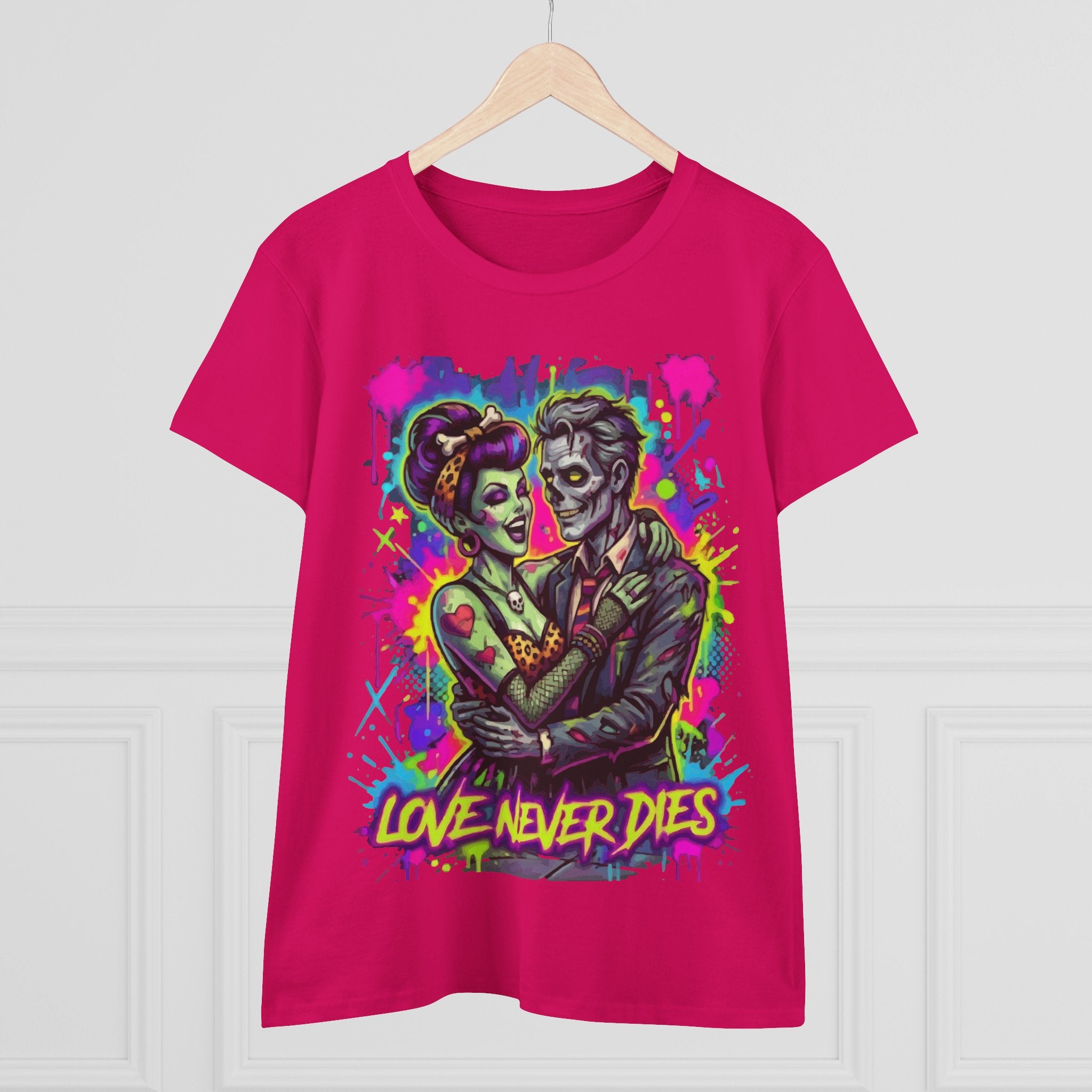 Women's Tee — Neon Zombie Couple "Love Never Dies" Graphic