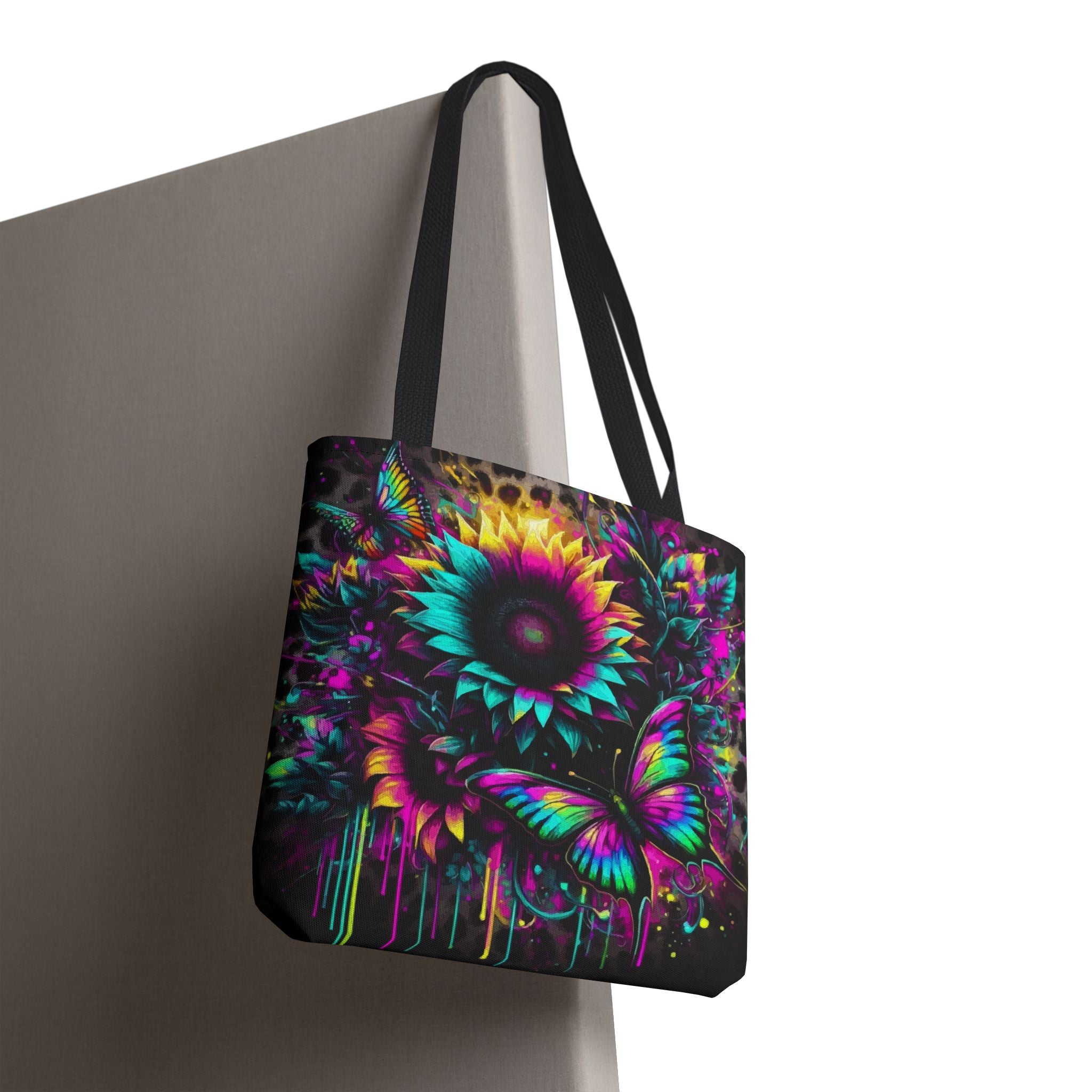 Sunflower & Butterfly Neon Tote Bag — Colorful Floral All-Over Print Tote