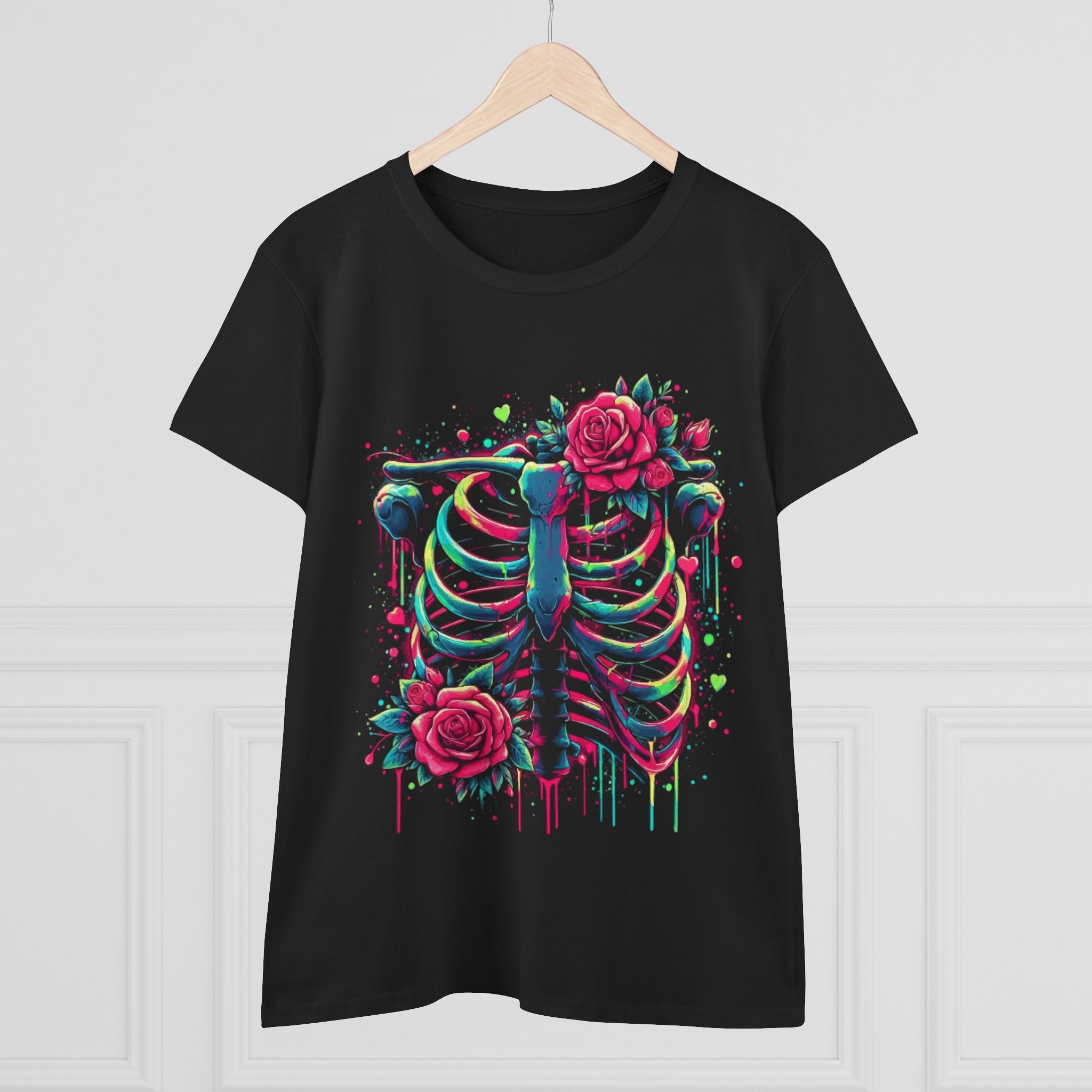 Women's Tee — Neon Ribcage with Roses Graphic