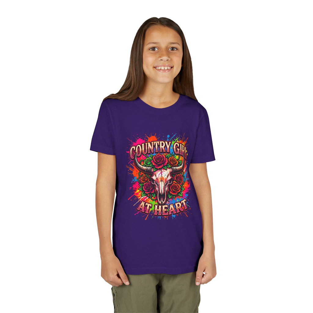 Youth Tee - "Country Girl at Heart" Colorful Bull Skull Graphic