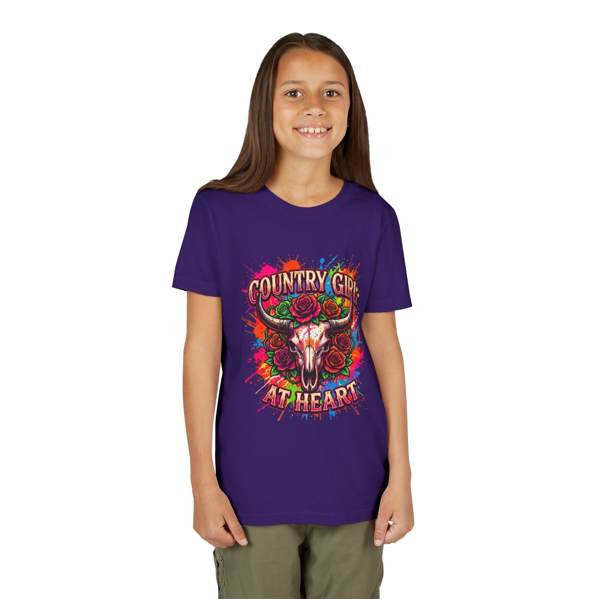Youth Tee - "Country Girl at Heart" Colorful Bull Skull Graphic