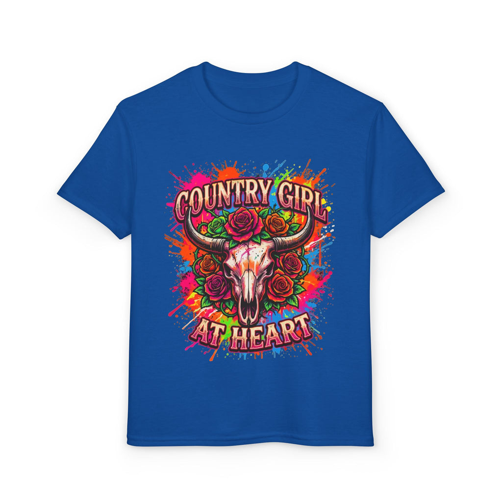 Country Girl At Heart Youth T-Shirt — Colorful Skull & Roses Graphic