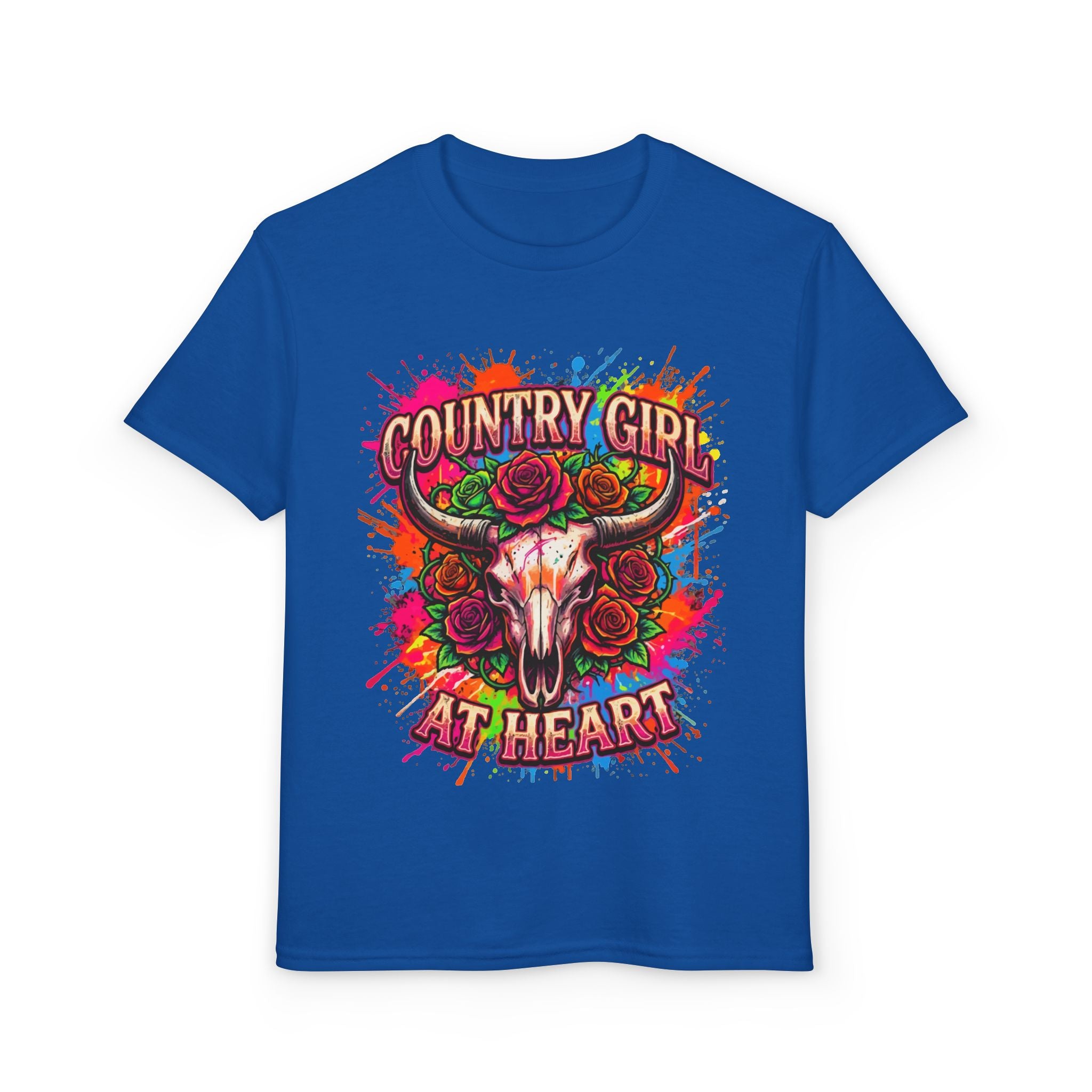 Country Girl At Heart Youth T-Shirt — Colorful Skull & Roses Graphic