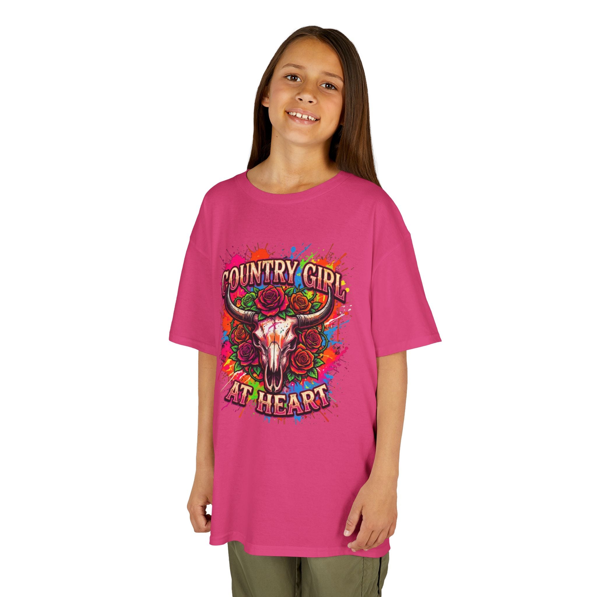 Kids T-Shirt — "Country Girl at Heart" Colorful Cow Skull Tee