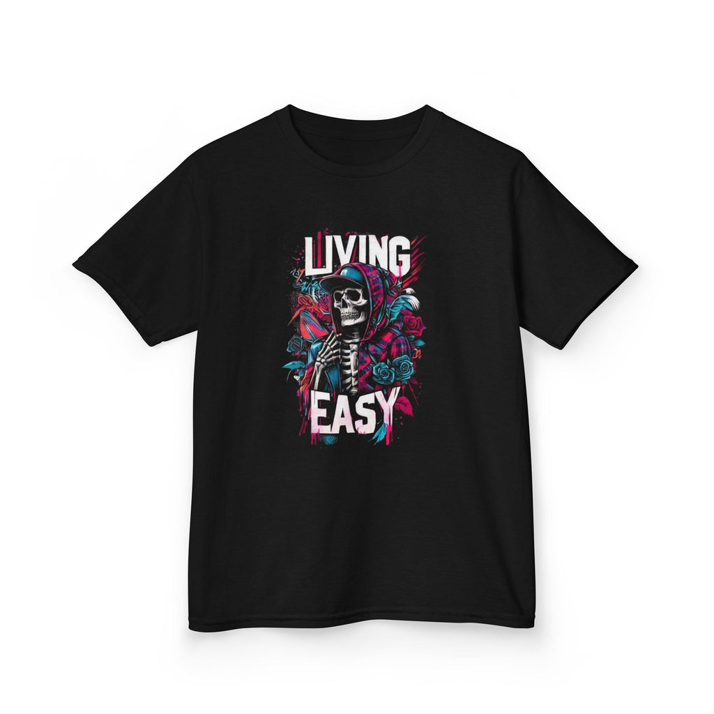 Kids T‑Shirt — 'Living Easy' Skeleton Graphic Tee for Kids, Cool Skull Floral Design