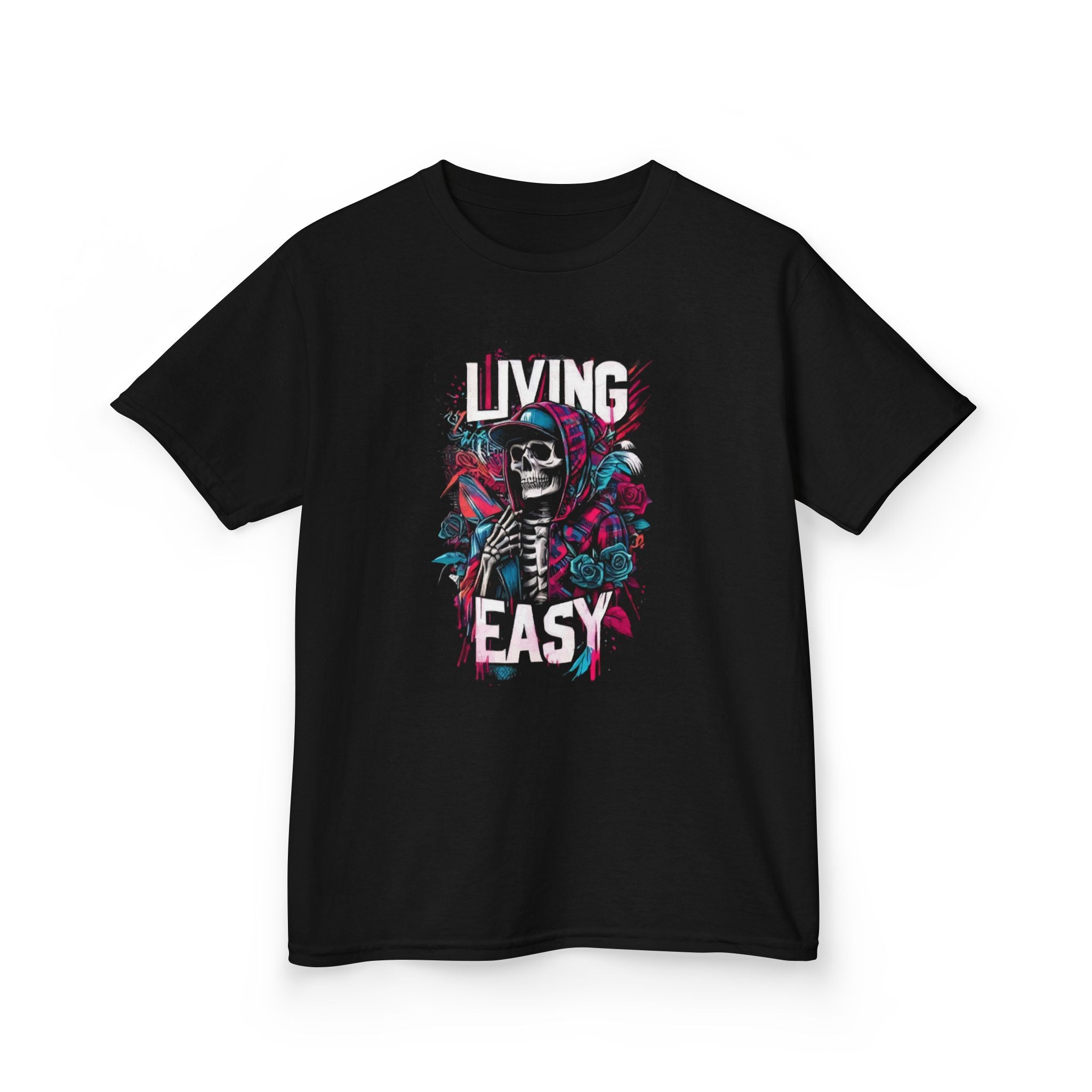 Kids T‑Shirt — 'Living Easy' Skeleton Graphic Tee for Kids, Cool Skull Floral Design