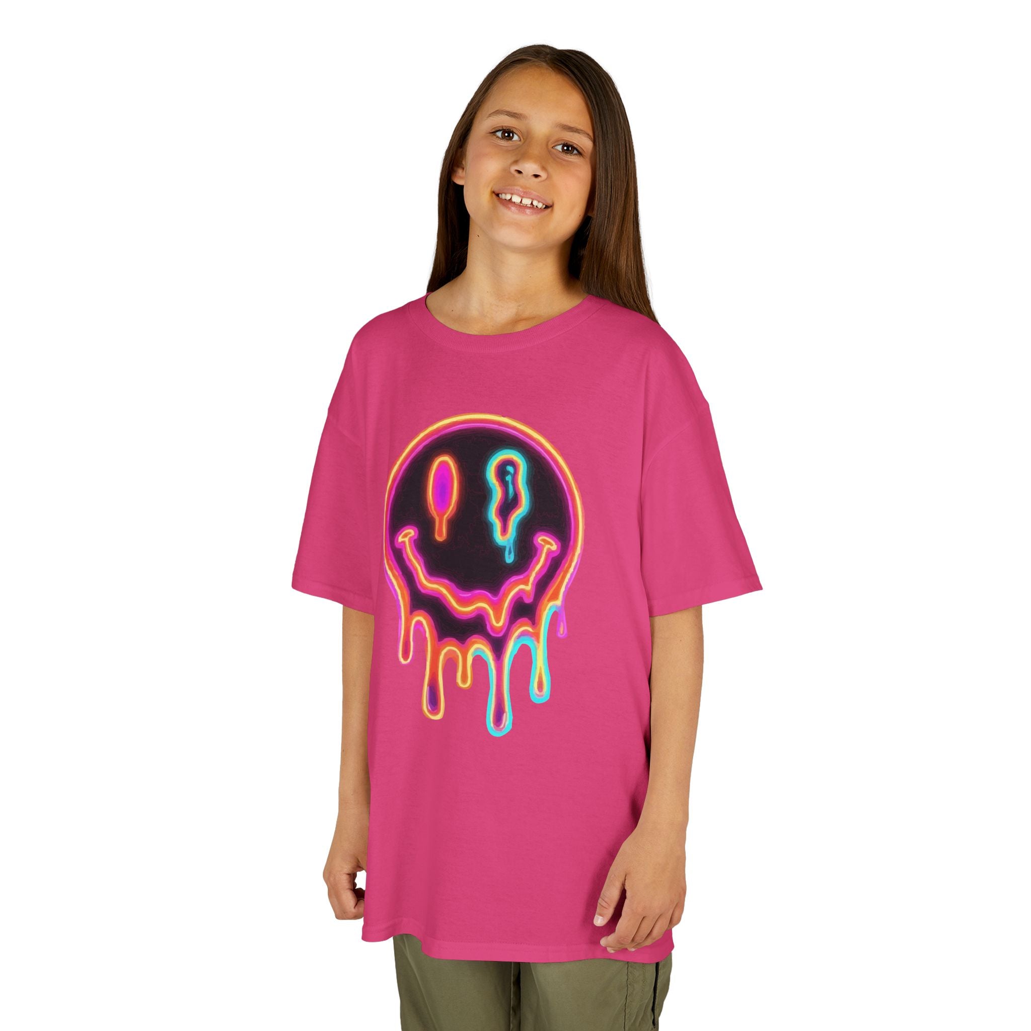 Kids Neon Drip Smiley T-Shirt — Colorful Melting Emoji Tee for Boys & Girls