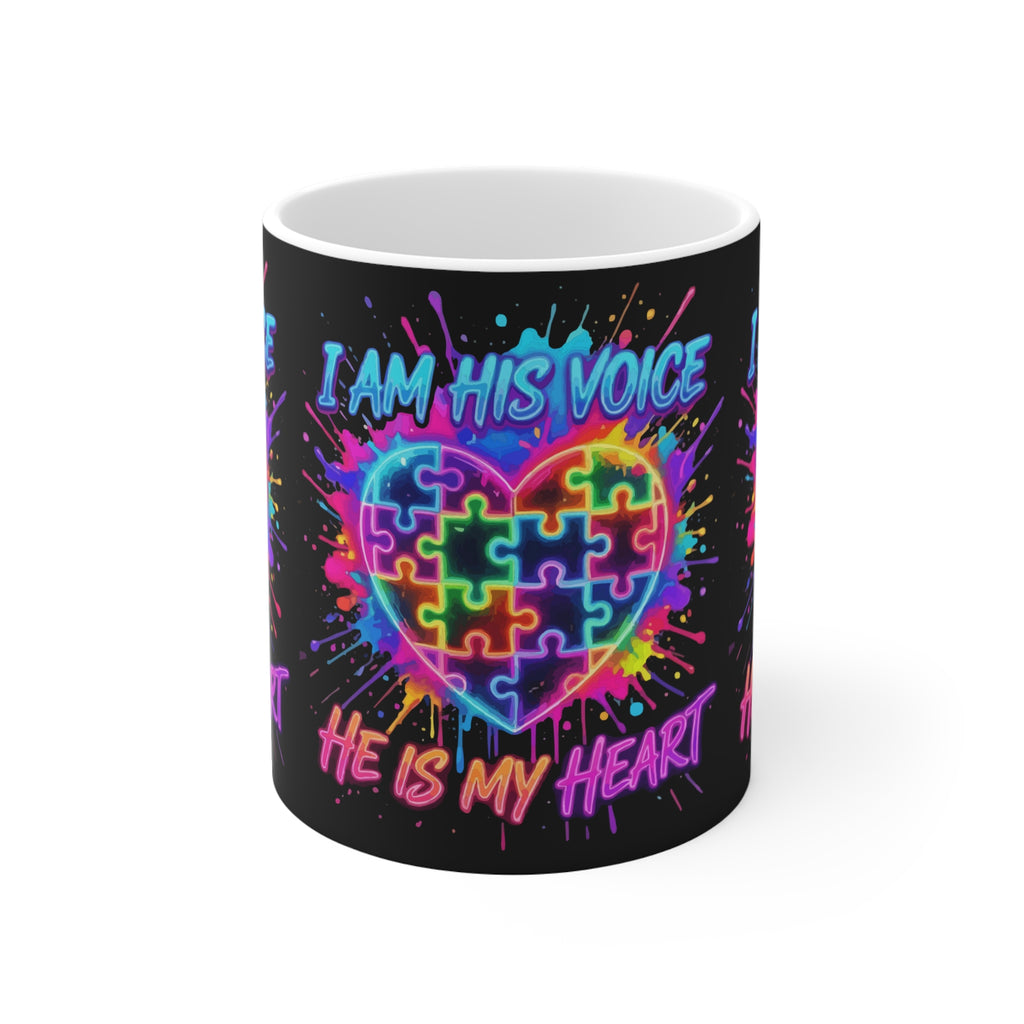 Autism Awareness Mug — "I Am His Voice, He Is My Heart" Rainbow Puzzle Heart 11oz