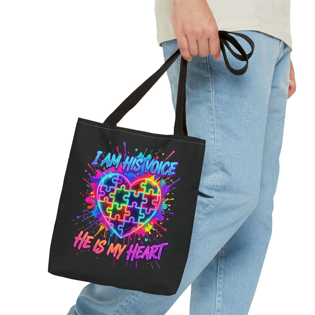 Autism Awareness Tote Bag — "I Am His Voice, He Is My Heart" Colorful Puzzle Heart