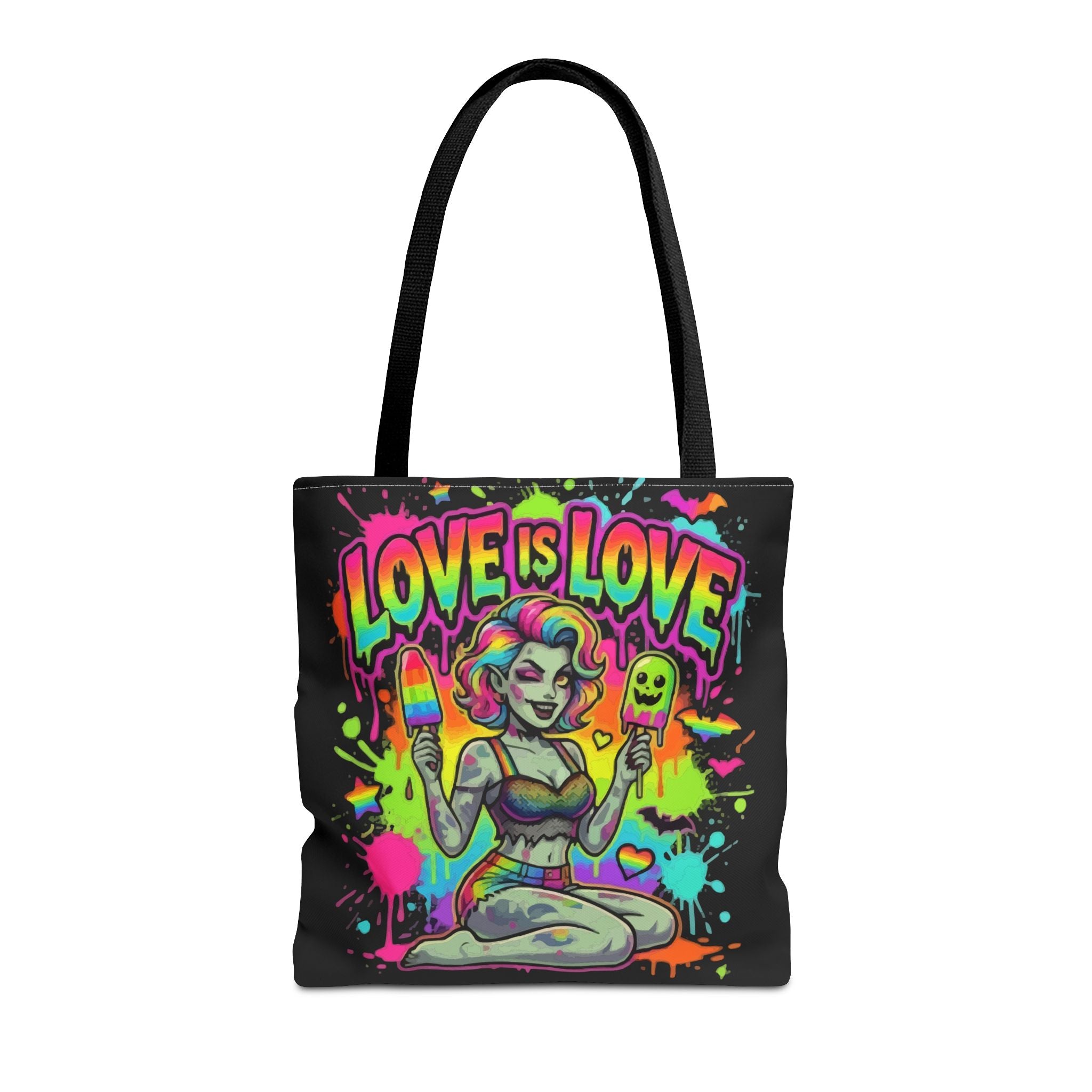 Love Is Love Neon Pride Tote Bag — Colorful Retro Pin-Up LGBTQ+ Canvas Tote
