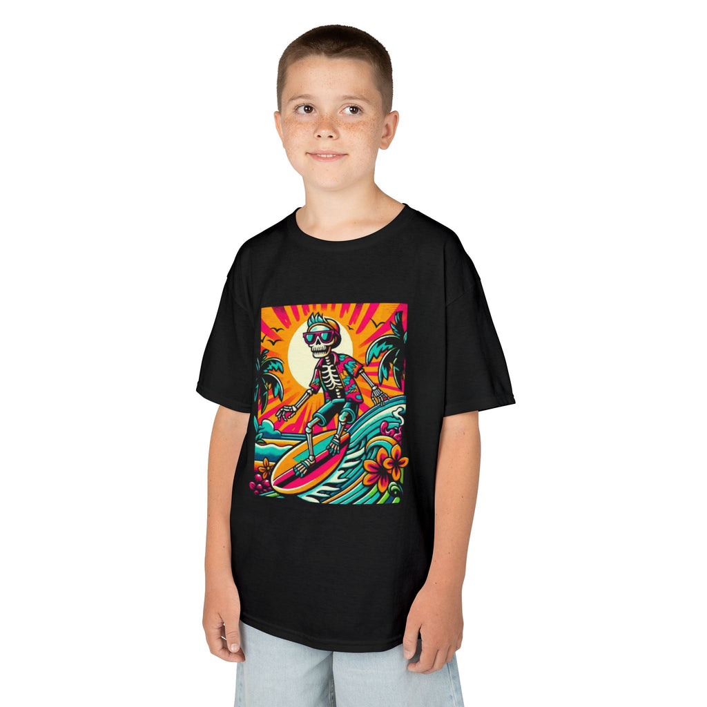 Kids Surfing Shark Tee — Colorful Retro Beach Wave Graphic