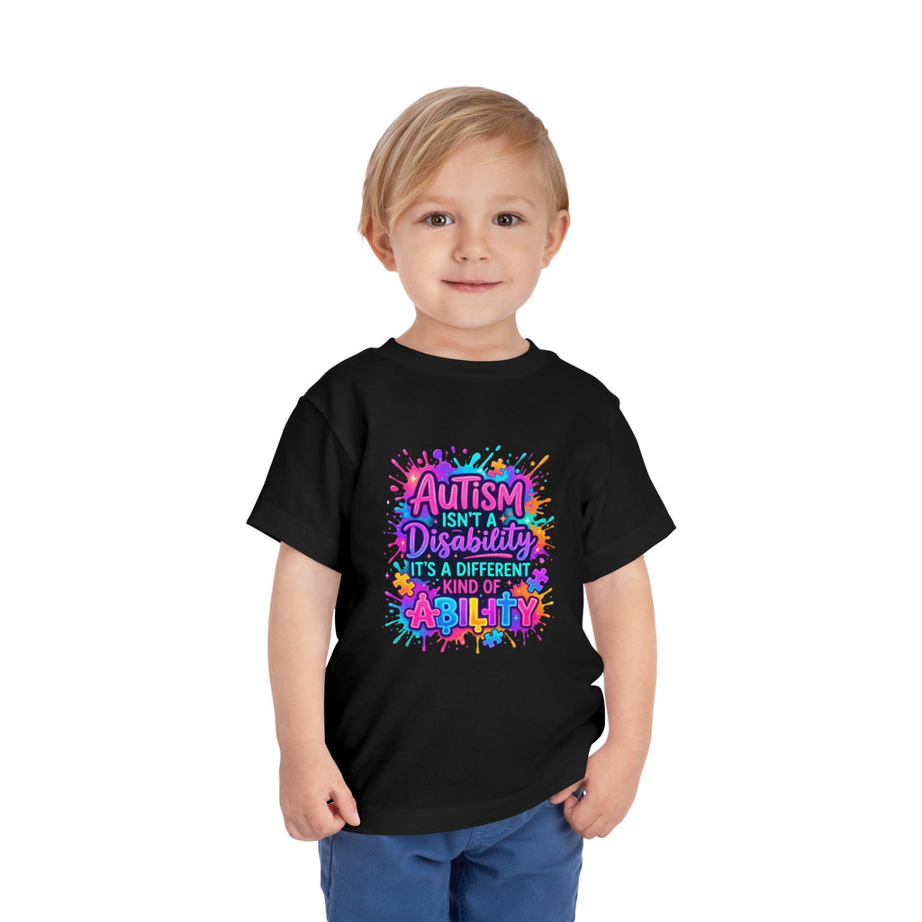 Toddler Tee — "Autism Isn't a Disability, It's a Different Kind of Ability" Colorful Puzzle-Heart Design