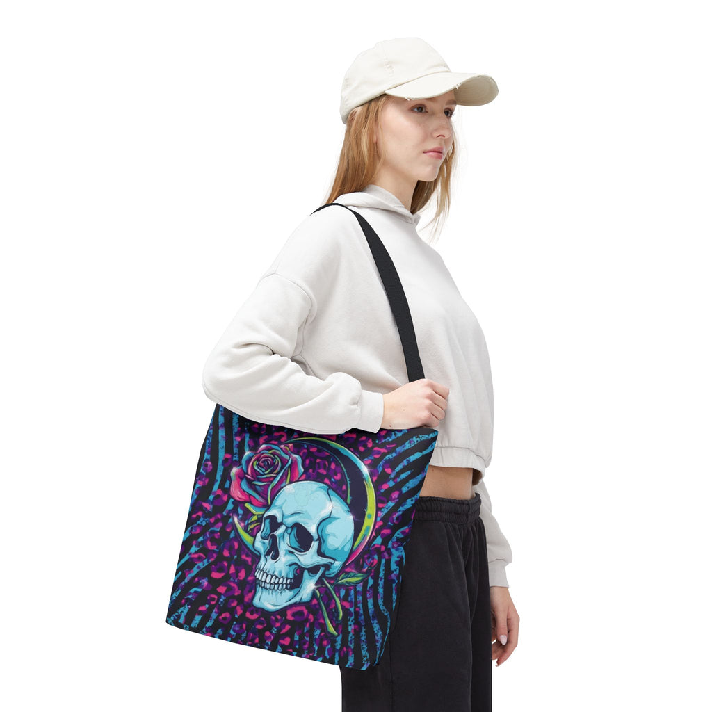 Skull & Rose Tote Bag — Neon Gothic Crescent Moon AOP Tote