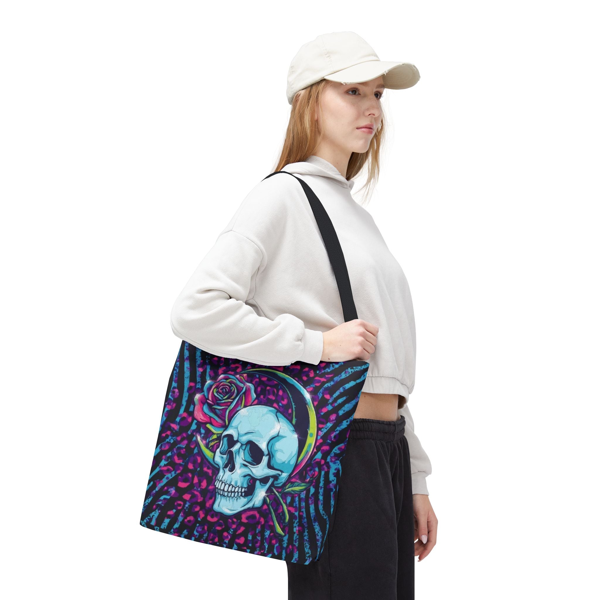 Skull & Rose Tote Bag — Neon Gothic Crescent Moon AOP Tote