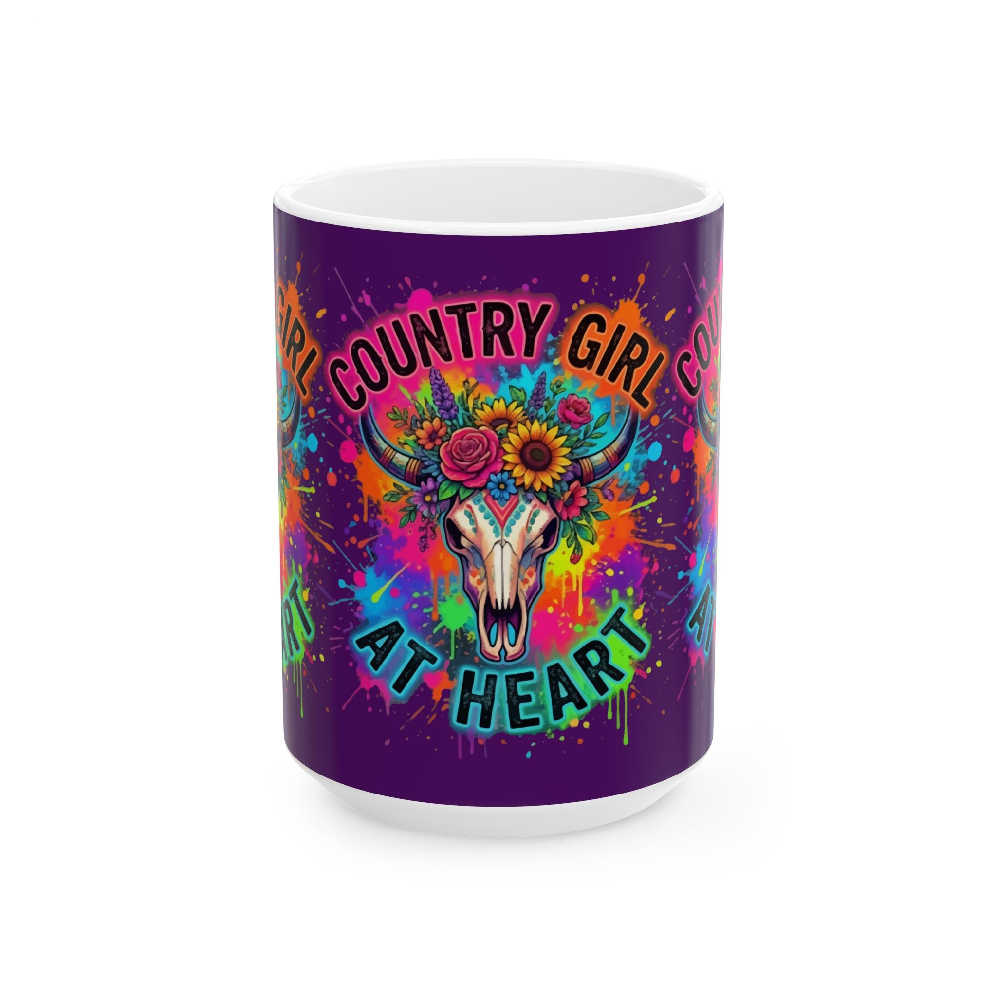 Country Girl At Heart Ceramic Mug — Colorful Floral Cow Skull Coffee Cup (11oz, 15oz)