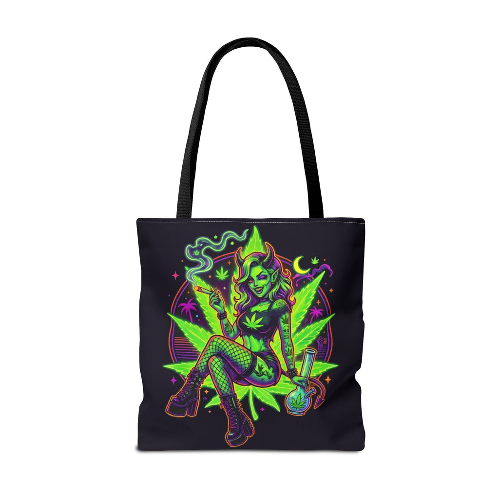 Psychedelic Witch Tote Bag — Neon Cannabis Pinup All-Over Print