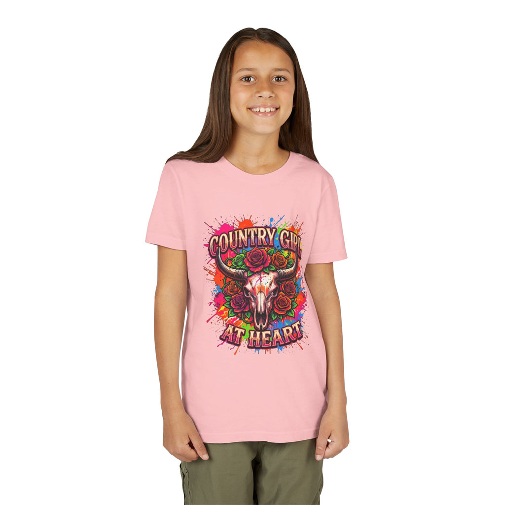 Youth Tee - "Country Girl at Heart" Colorful Bull Skull Graphic