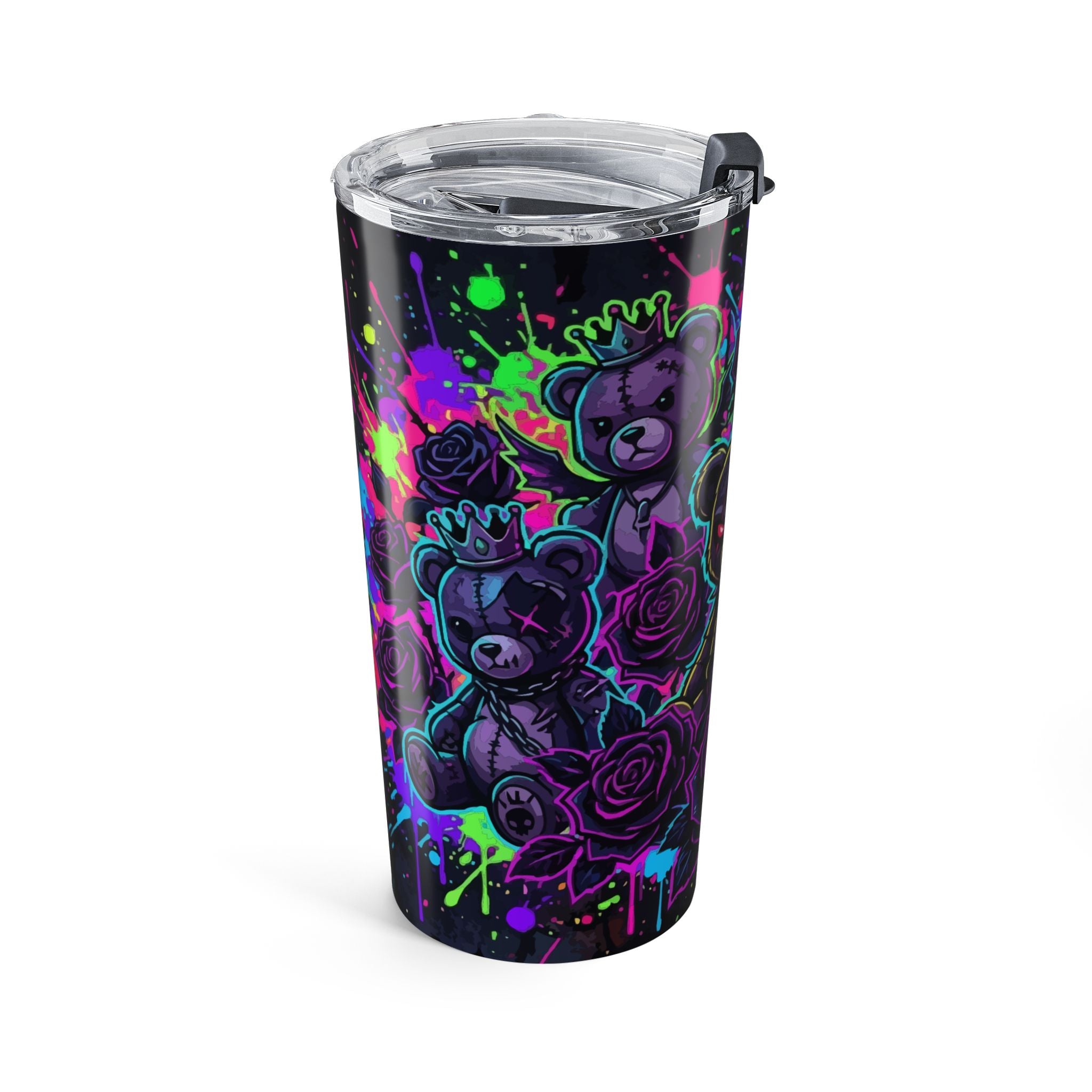 Neon Gothic Teddy 20oz Stainless Tumbler — Dark Rose Skull Bear Travel Cup