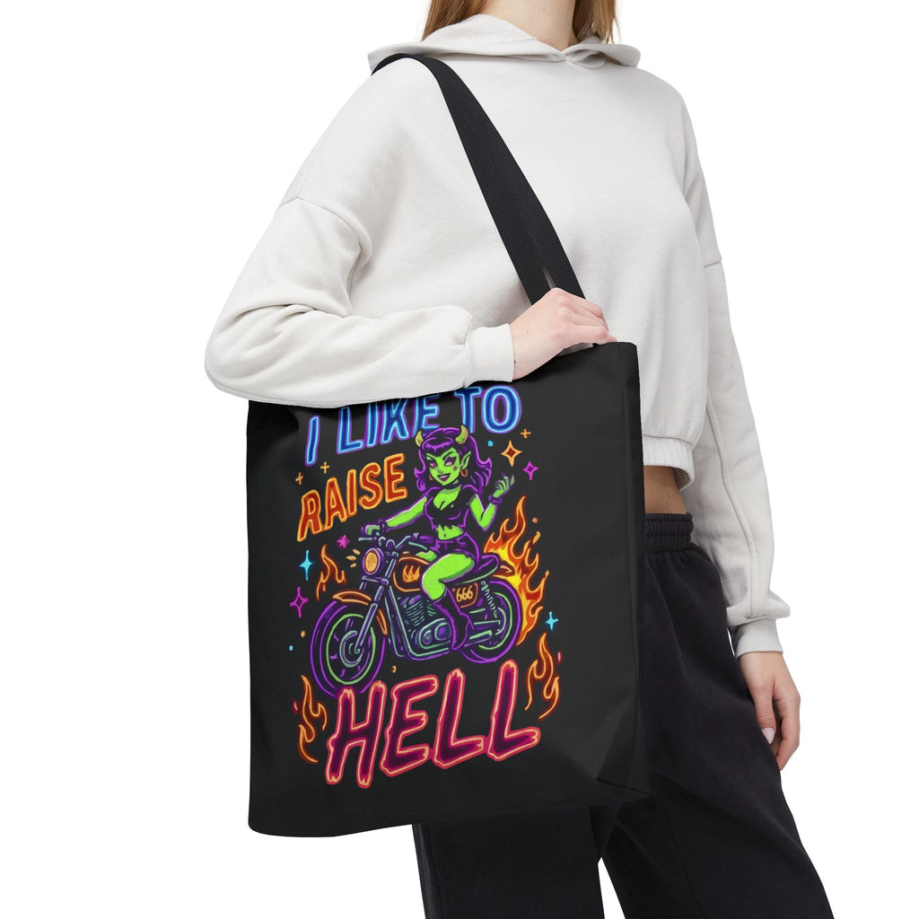 I Like to Raise Hell Motorcycle Tote Bag — Neon Biker Cat Graphic