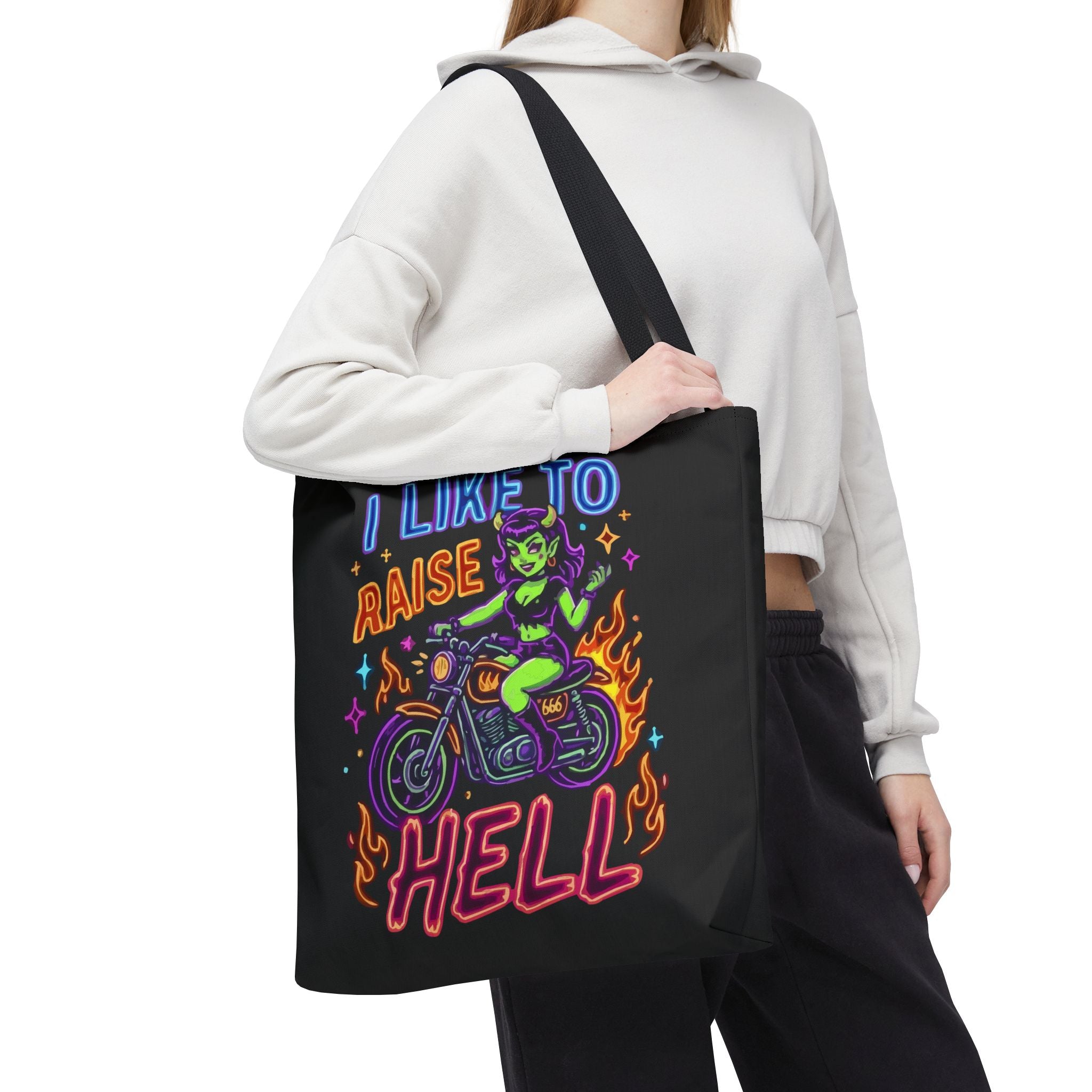 I Like to Raise Hell Motorcycle Tote Bag — Neon Biker Cat Graphic