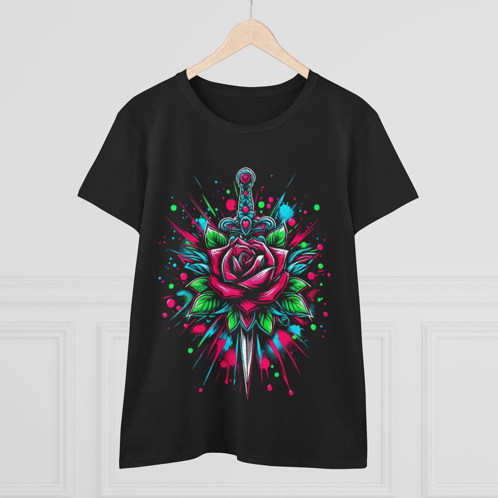 Floral Rose Sword Tee — Colorful Watercolor Splatter Women's T-Shirt