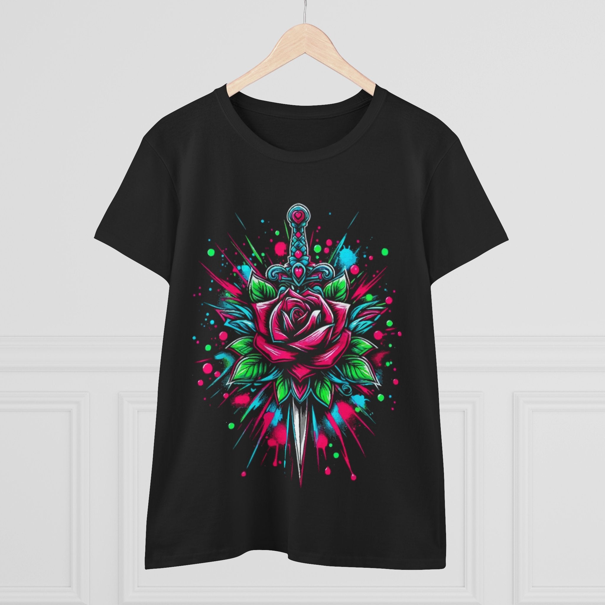 Floral Rose Sword Tee — Colorful Watercolor Splatter Women's T-Shirt