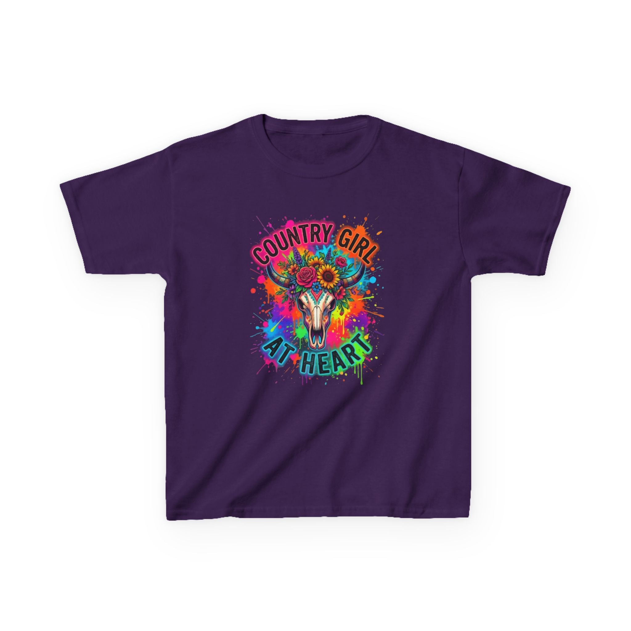 Kids T-Shirt - "Country Girl At Heart" Colorful Skull & Flowers Tee