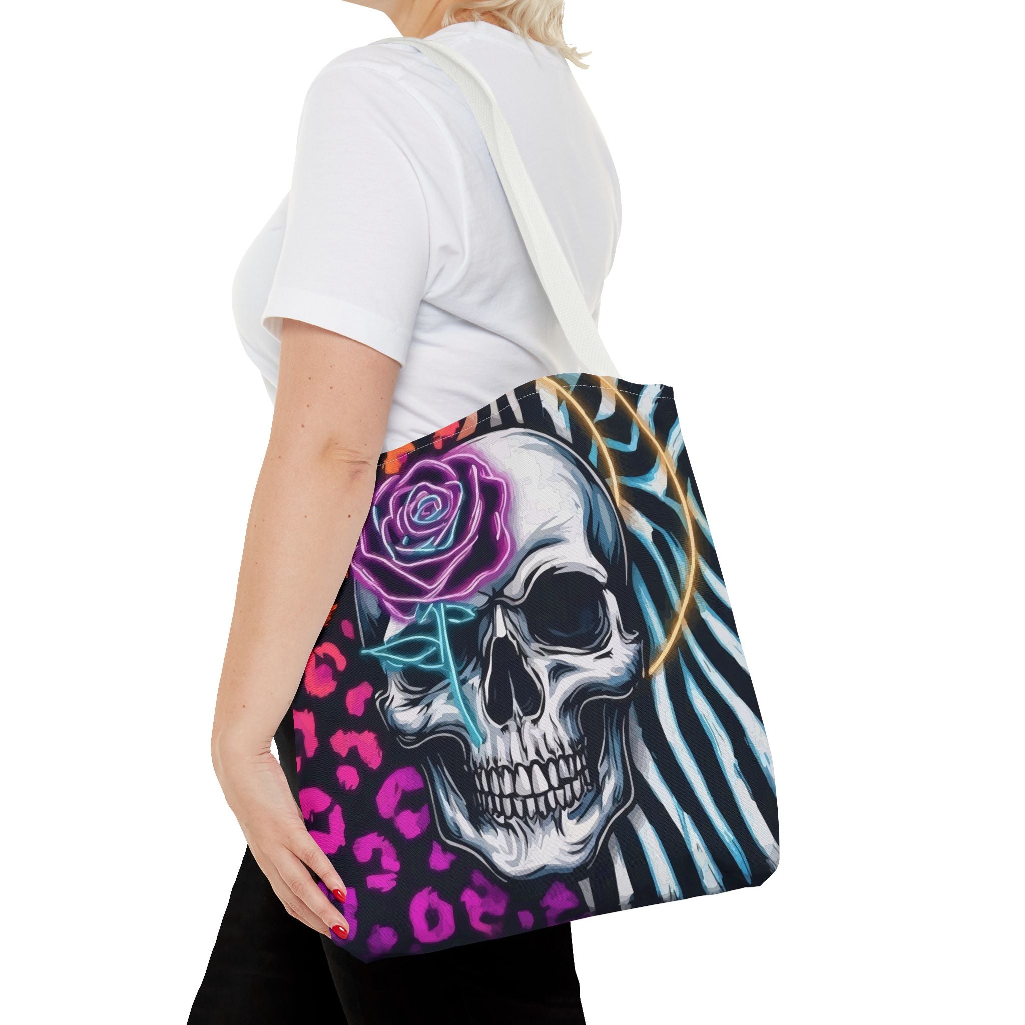 Skull & Rose Pattern Tote Bag — Neon Animal Print All-Over Tote