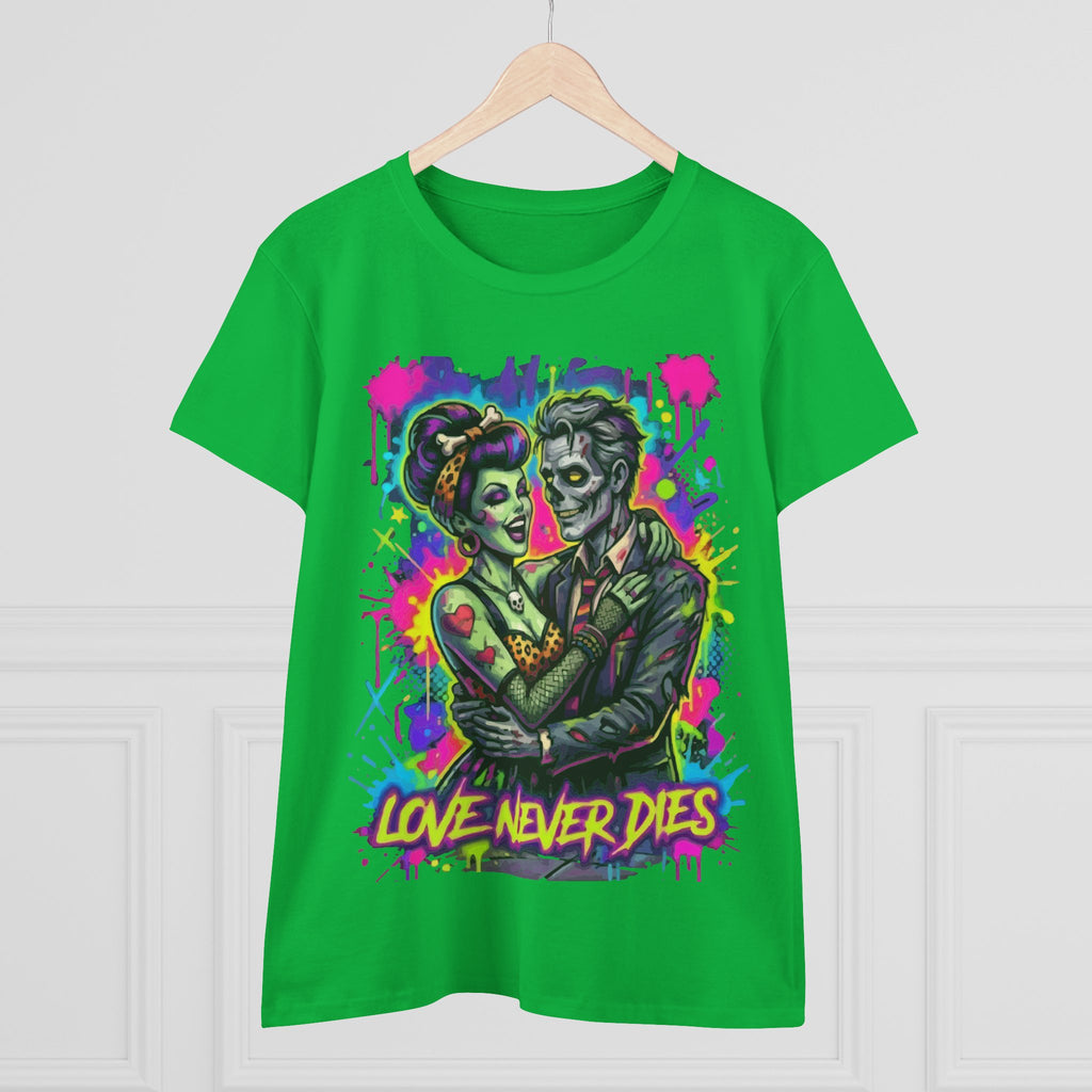 Women's Tee — Neon Zombie Couple "Love Never Dies" Graphic
