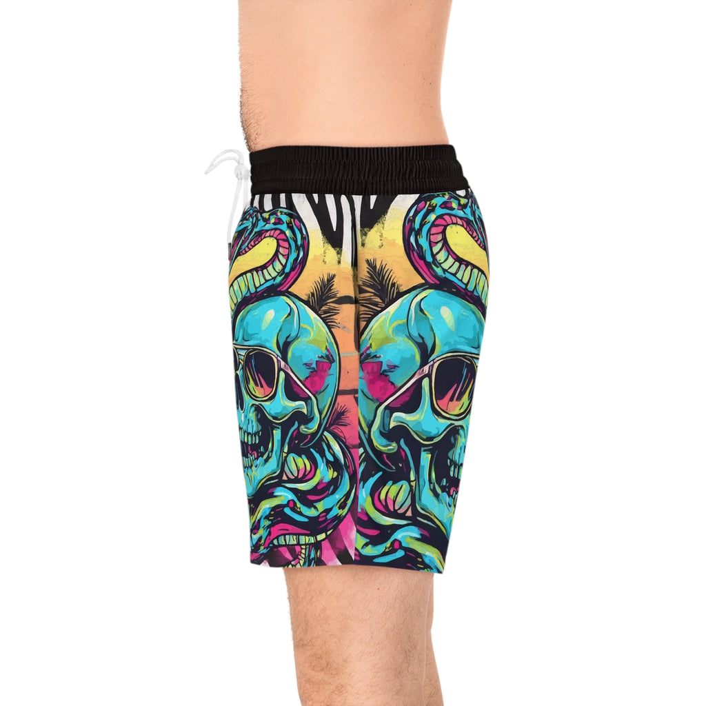 Men's Skull & Snake Swim Shorts — Neon Tropical Print