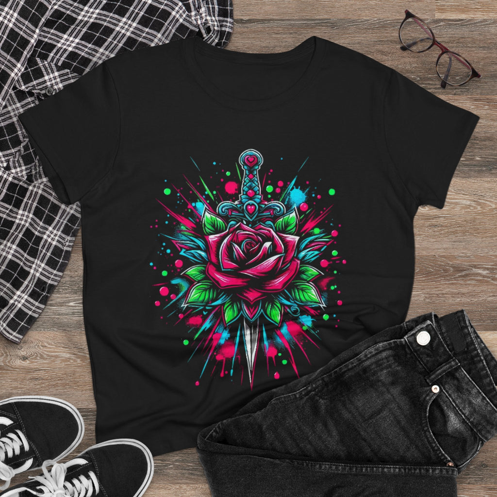 Floral Rose Sword Tee — Colorful Watercolor Splatter Women's T-Shirt