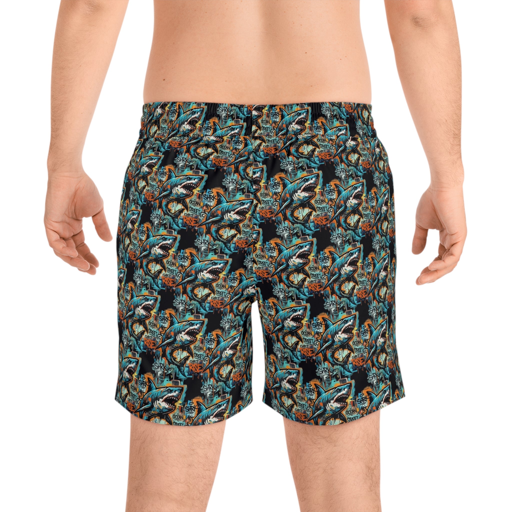 Graffiti Shark Swim Shorts — Men's Mid-Length Beach Trunks