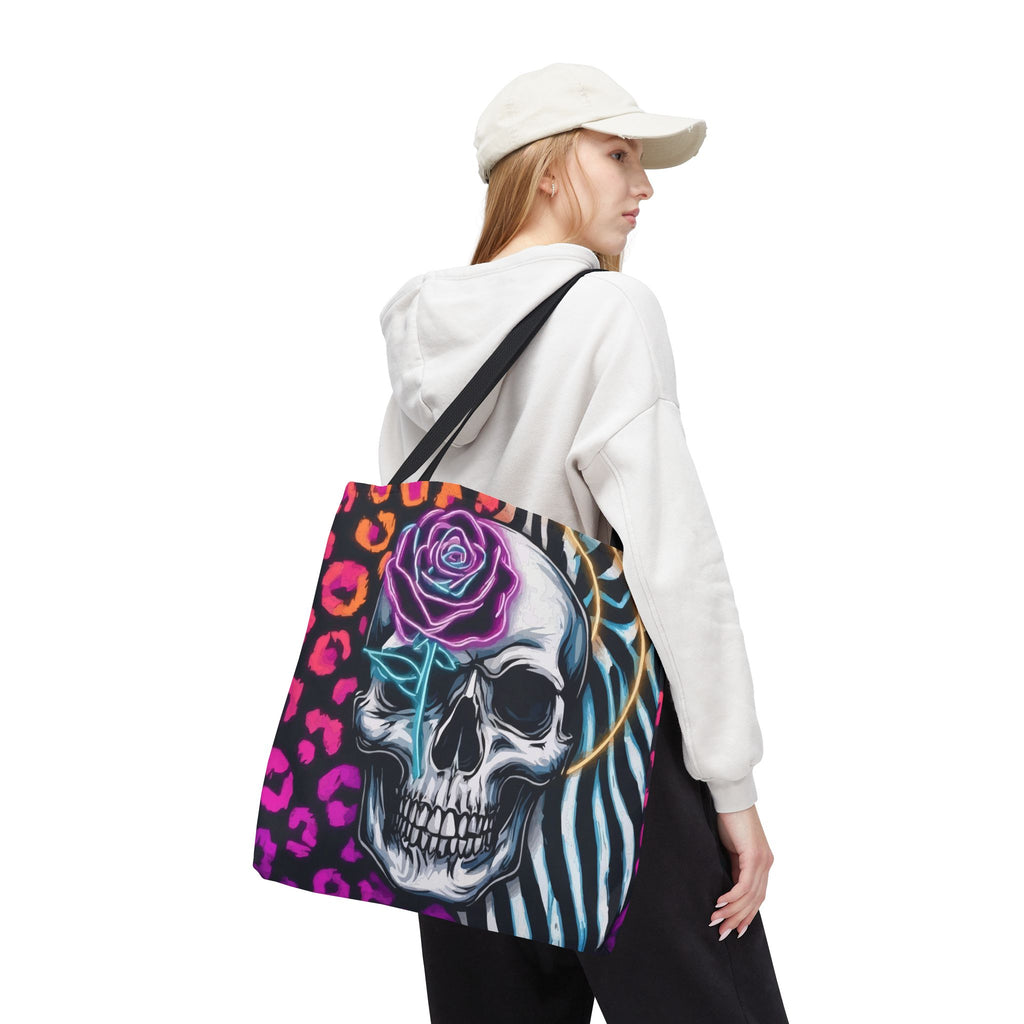 Skull & Rose Pattern Tote Bag — Neon Animal Print All-Over Tote