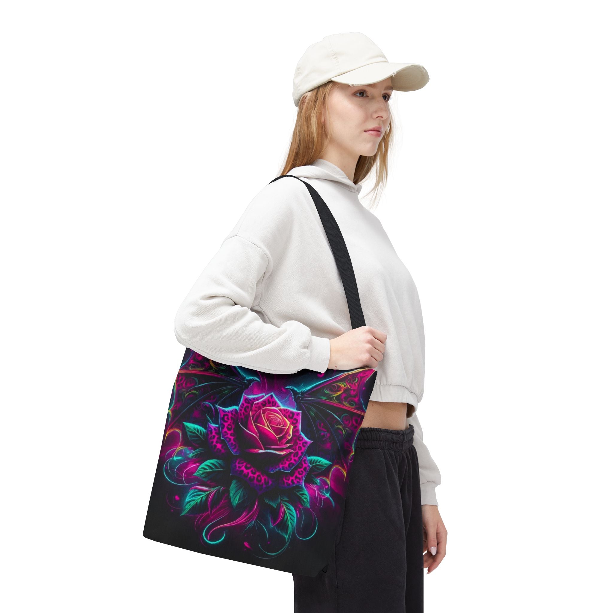 Neon Gothic Rose Tote Bag – Dragon Wings Floral AOP
