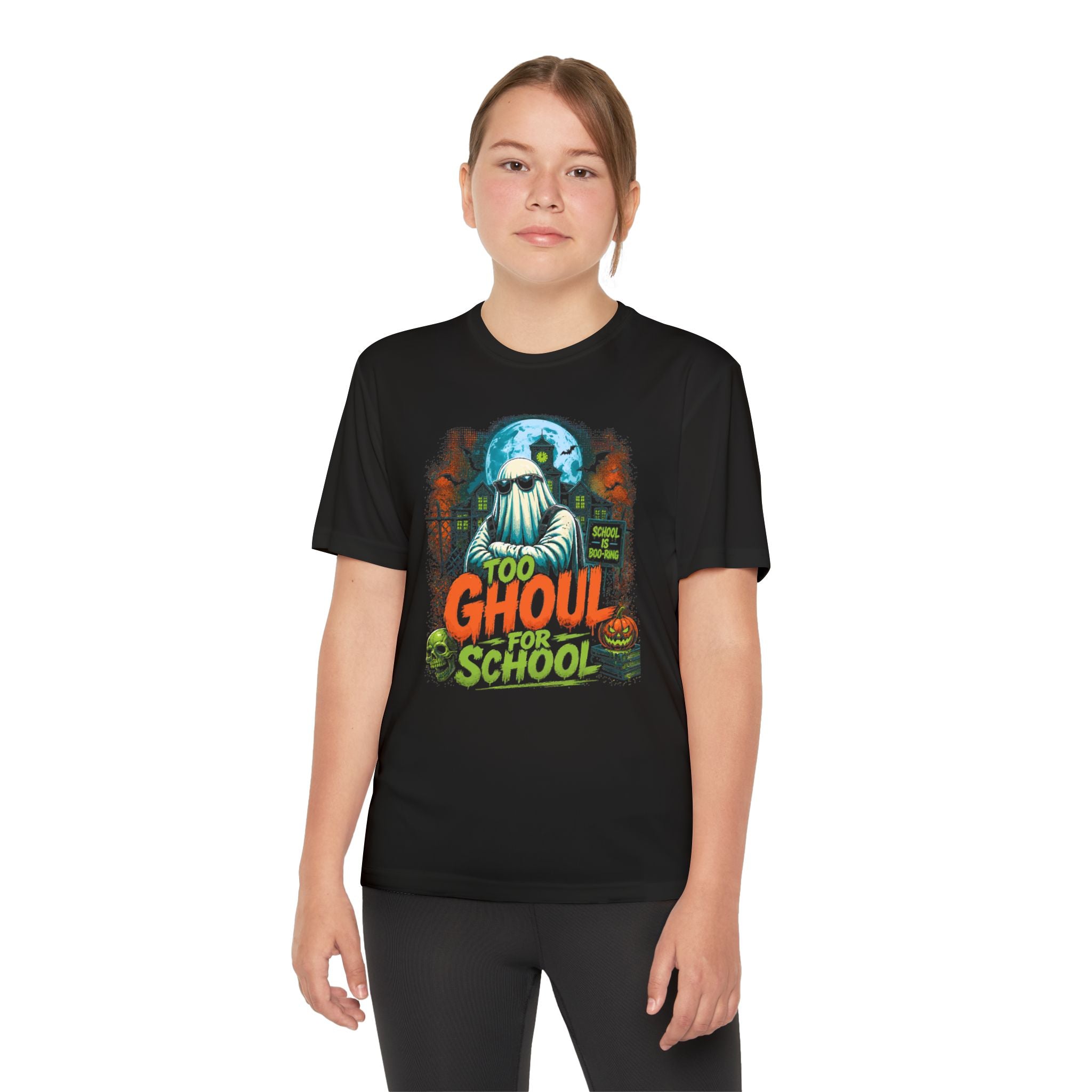 Youth Tee — "Too Ghoul for School" Spooky Ghost Athletic Shirt