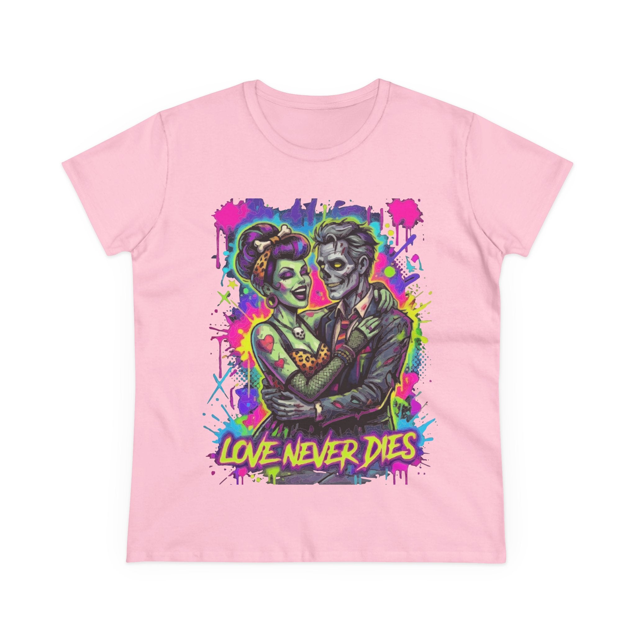 Women's Tee — Neon Zombie Couple "Love Never Dies" Graphic