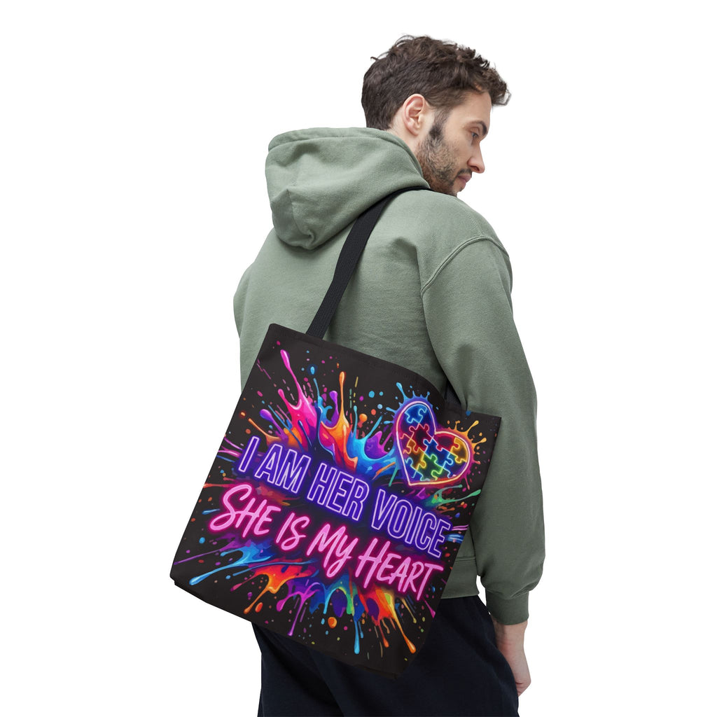 Autism Awareness Tote Bag - "I Am Her Voice, She Is My Heart" Colorful Puzzle Heart Carryall