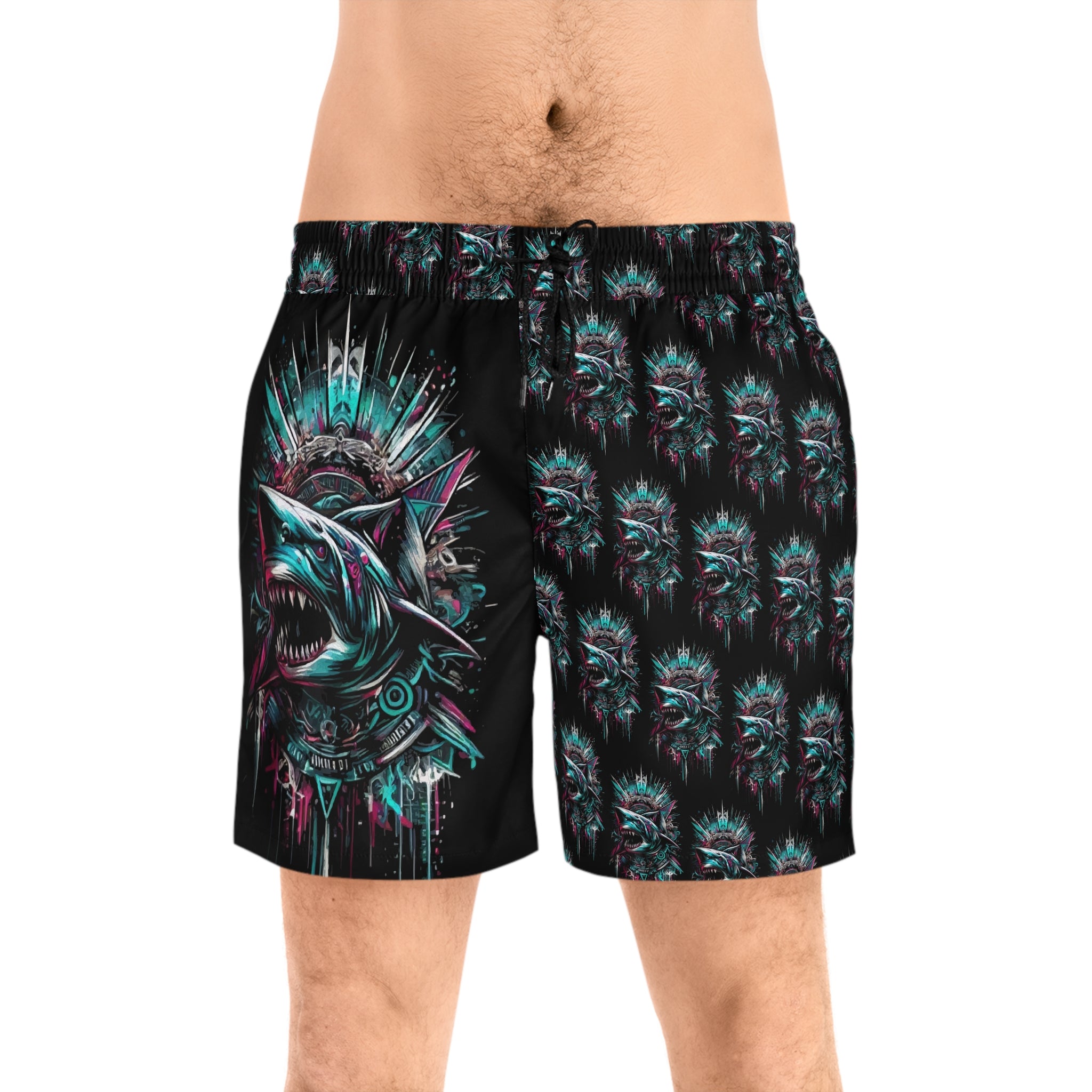 Shark Bite Swim Shorts — Neon Tribal Shark Print Men's Mid-Length Swim Trunks