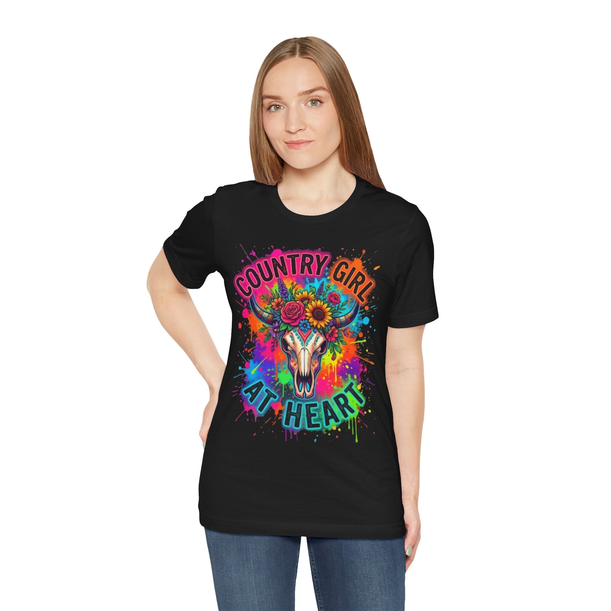 Country Girl At Heart Graphic Tee — Floral Cow Skull Colorful Western T-Shirt