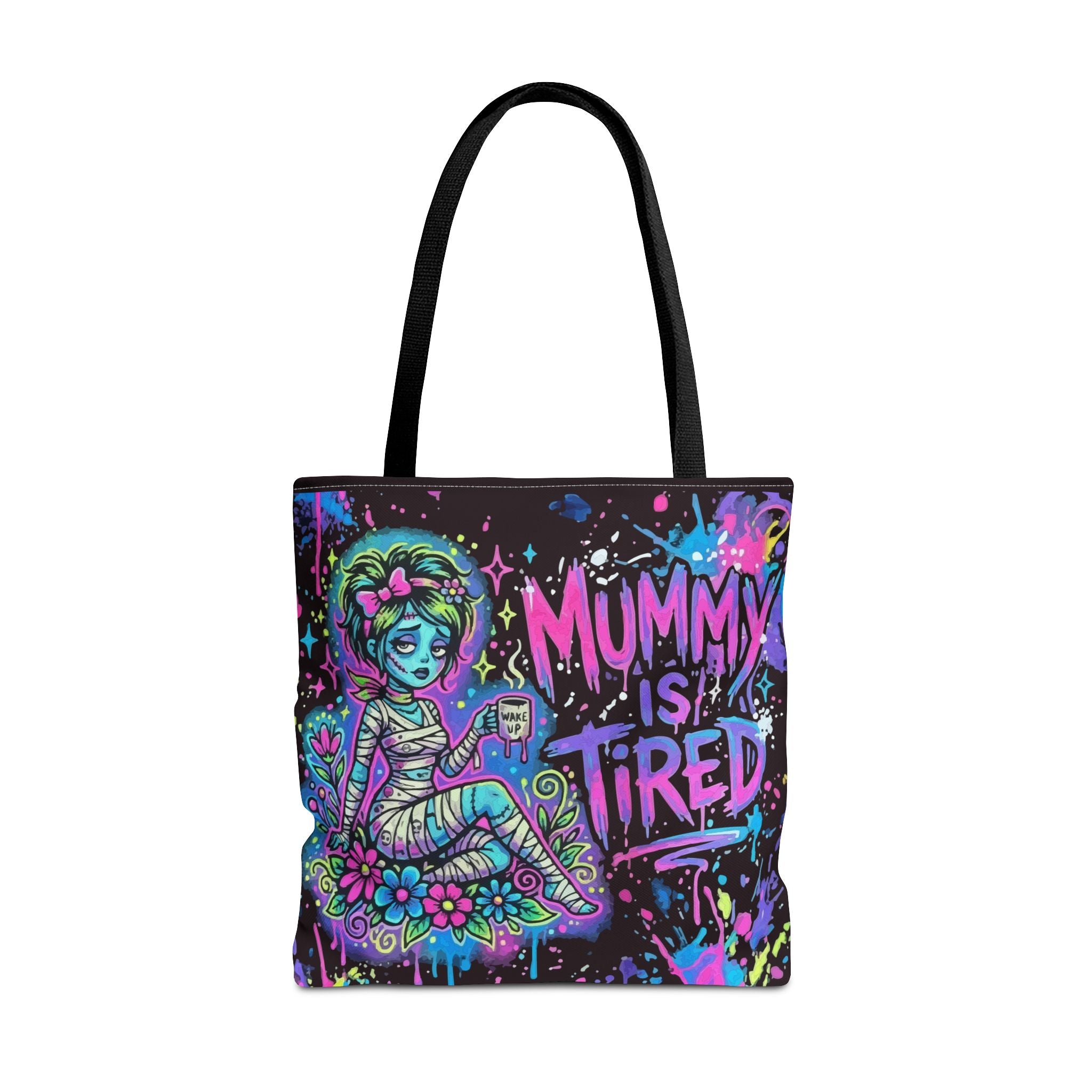 Mummy Is Tired Tote Bag — Neon Halloween Mom Canvas Shopper