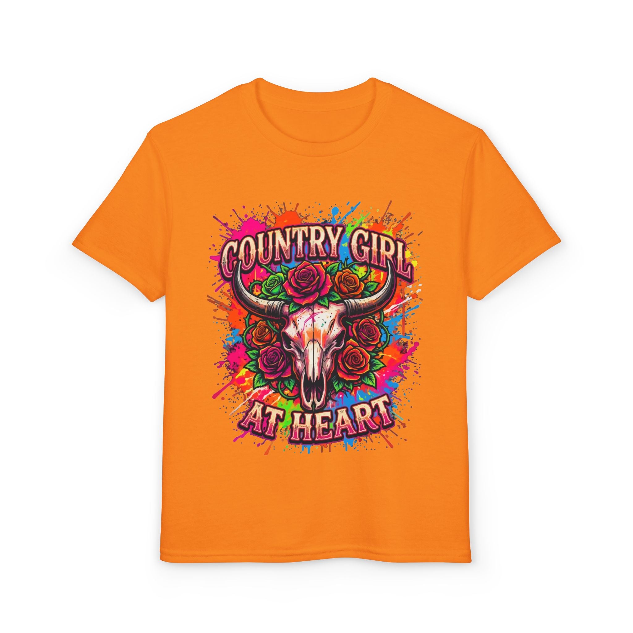 Country Girl At Heart Youth T-Shirt — Colorful Skull & Roses Graphic