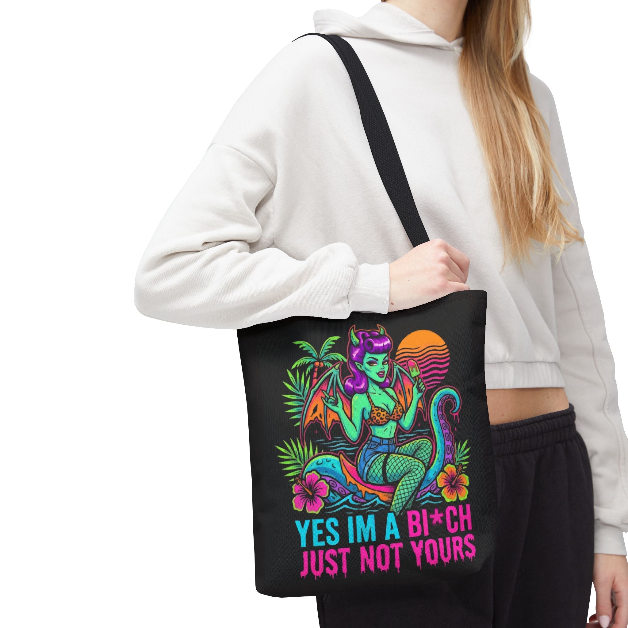 Yes I'm a Bi*ch Tote Bag — Retro Devil Girl LGBTQ+ Pride Beach Tote