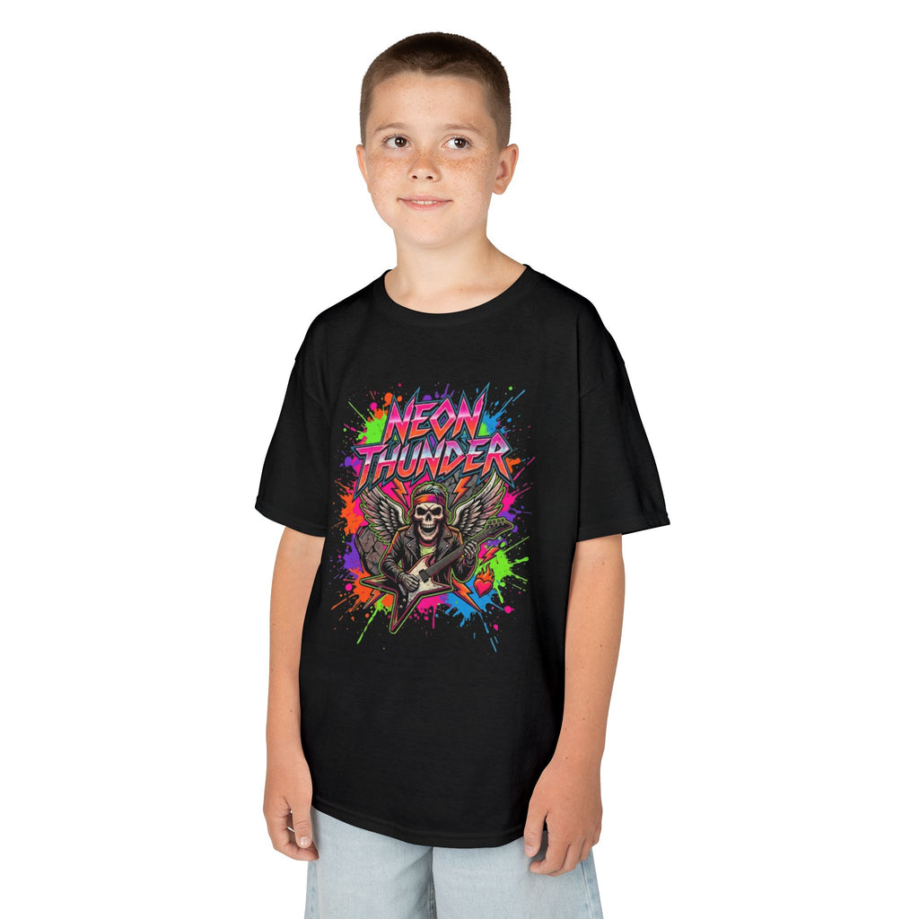 Kids T-Shirt — "Neon Thunder" Skull Guitar Graphic Tee