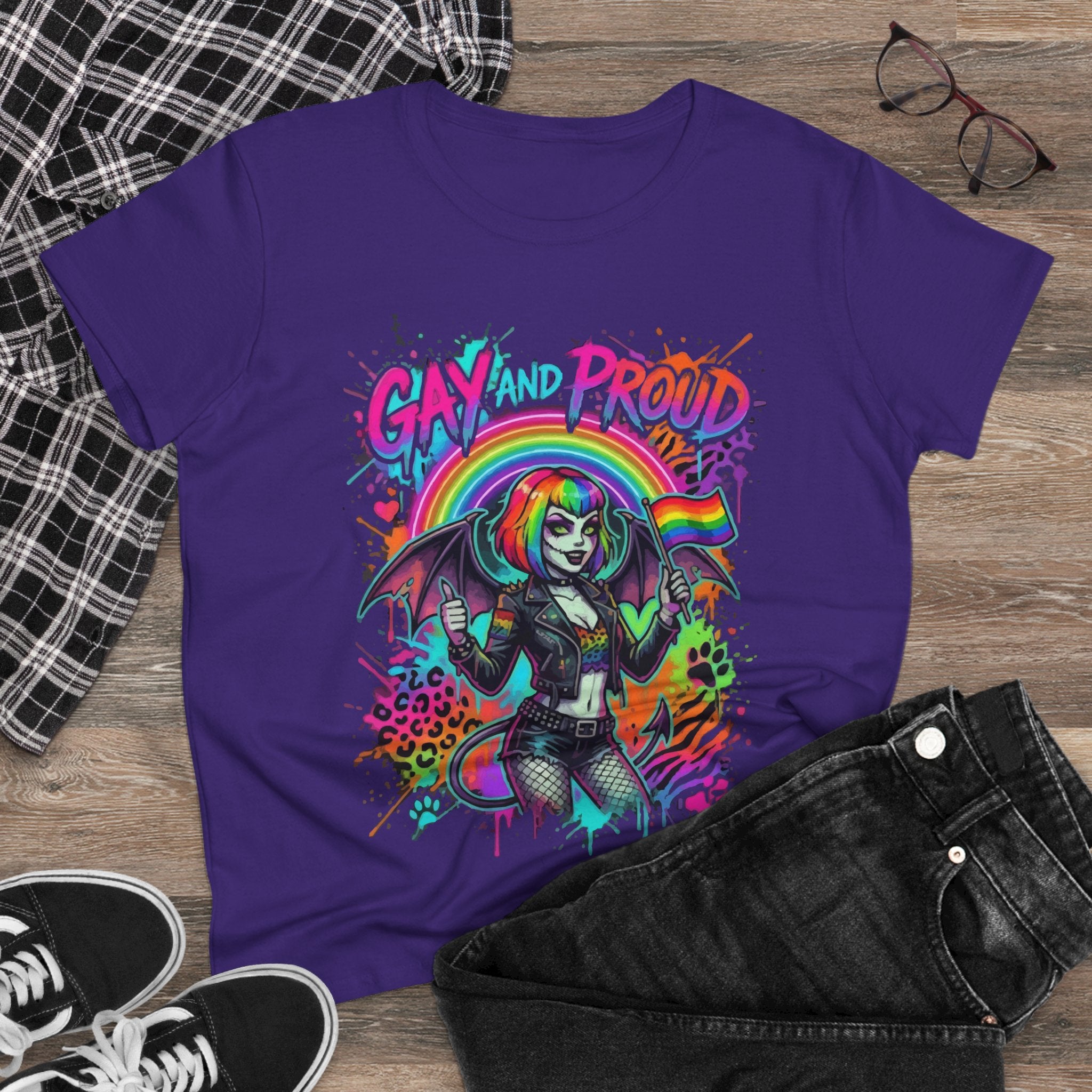 Gay and Proud Rainbow Goth Tee — Women's Pride Graphic T-Shirt