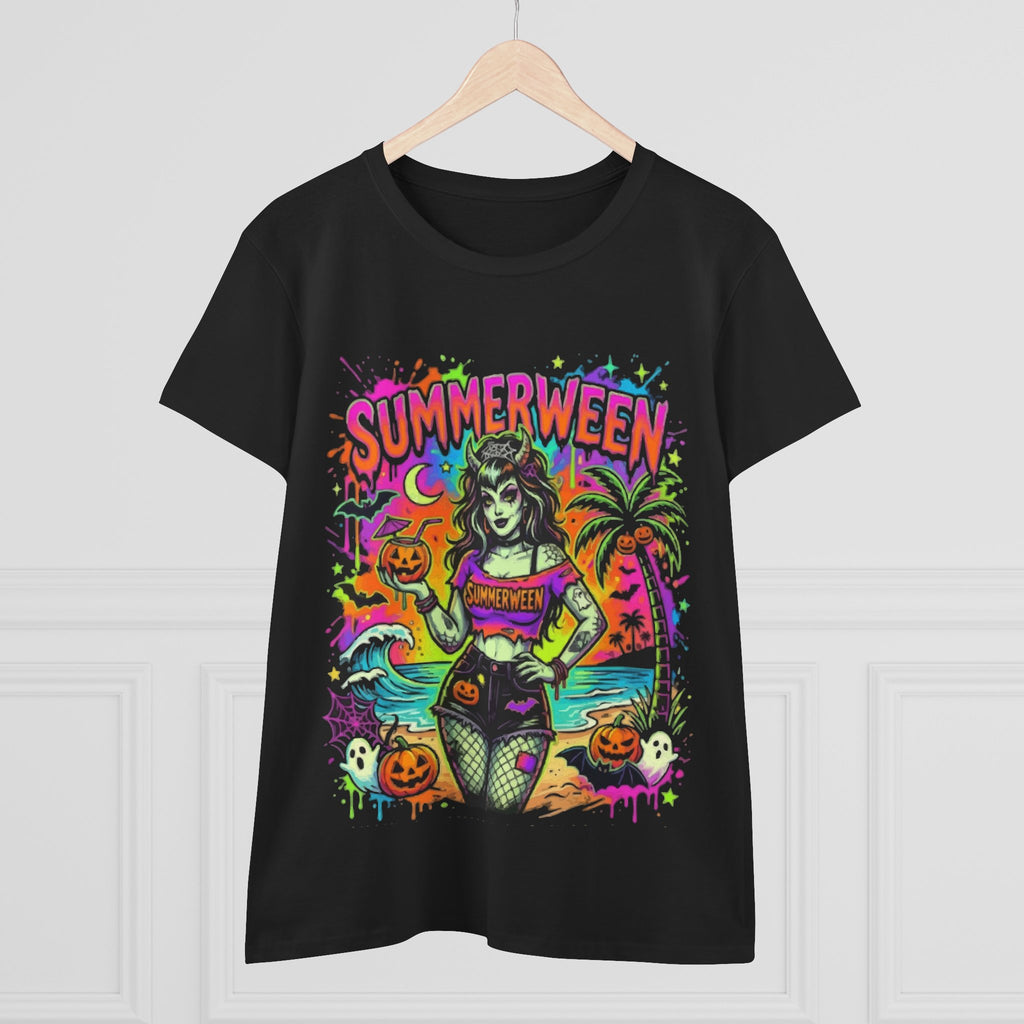 Summerween Graphic Tee — Retro Neon Pinup Halloween Beach Shirt